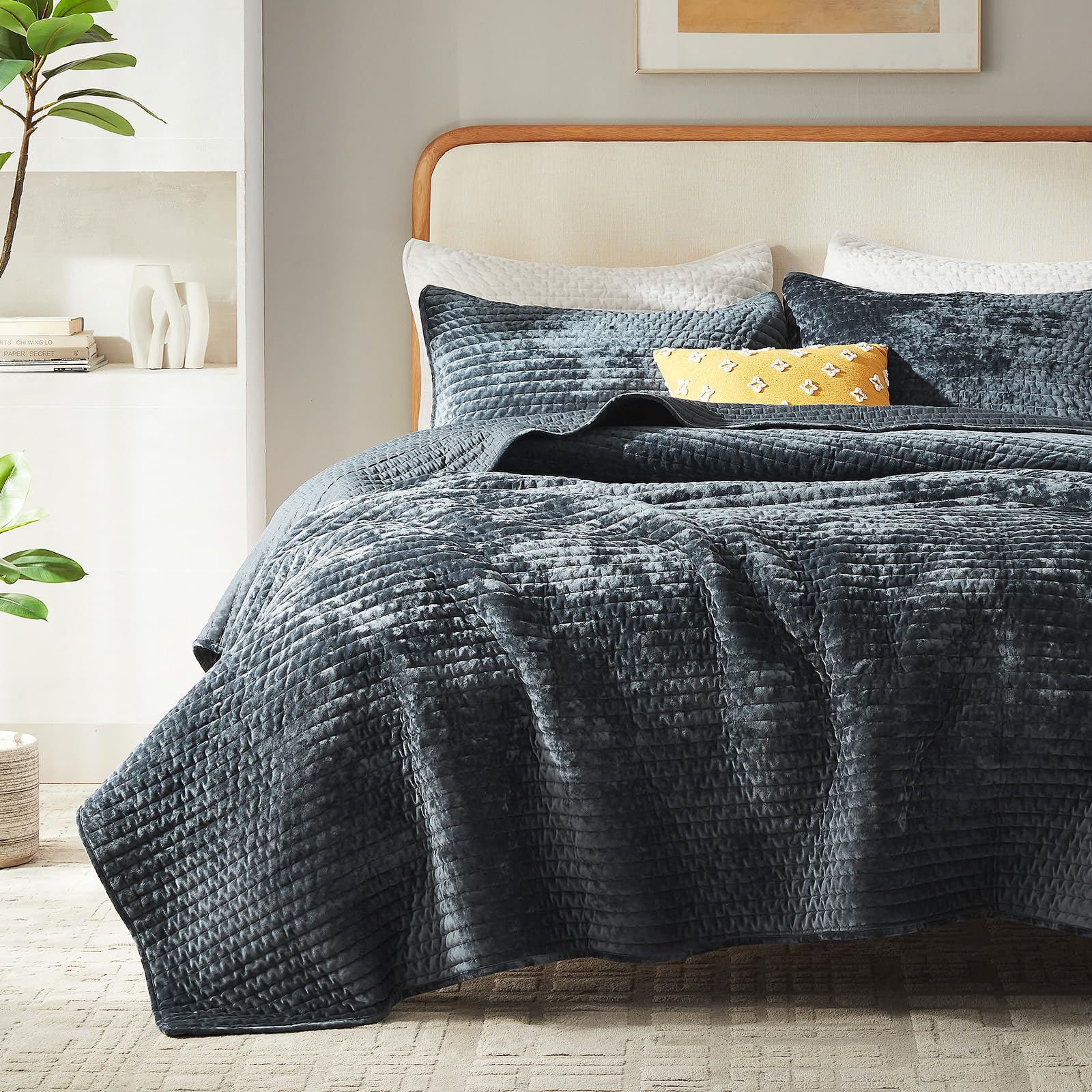 Photo 1 of LEAONME Luxury Velvet Quilt Set King Size 98''x106'', Ultra-Soft Striped Channel Comforter with Exquisite Rice Stitch Detailing, Lightweight All-Season Bedspread Coverlet w/ 2 Shams, Navy Blue