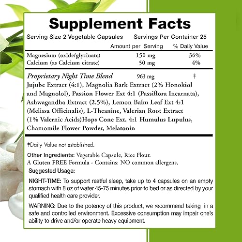 Miniatura 2 de Fórmula natural de relajación muscular nocturna más de 1,500 mg de fuerza relajante con glicinato de magnesio para músculos. Sin gluten - 50 cápsulas