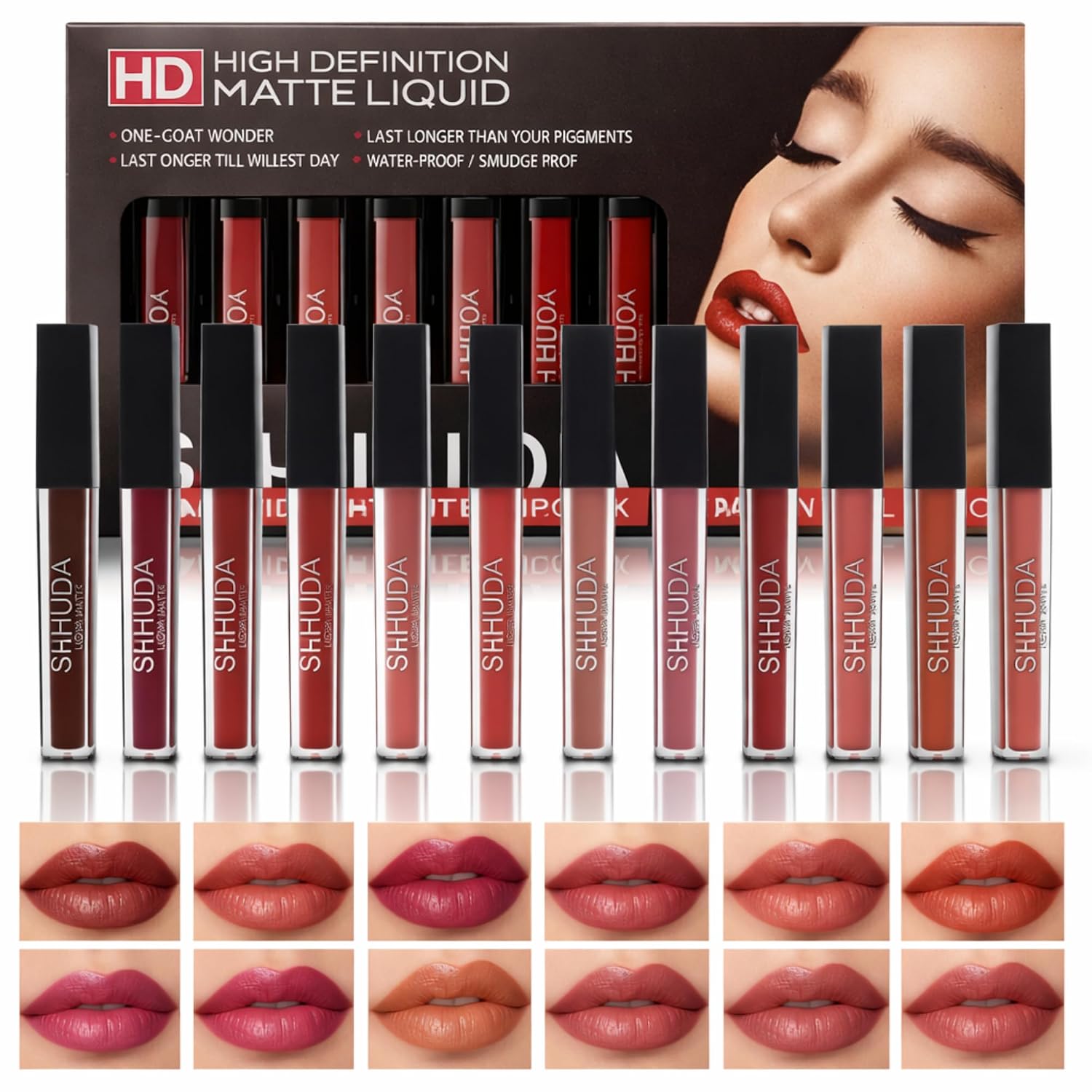 SH.HUDA Liquid Lipstick Waterproof Set - 12 PCS Vibrant Colors, Matte Finish, Long Lasting, Smudge-Proof Perfection, Smoot...