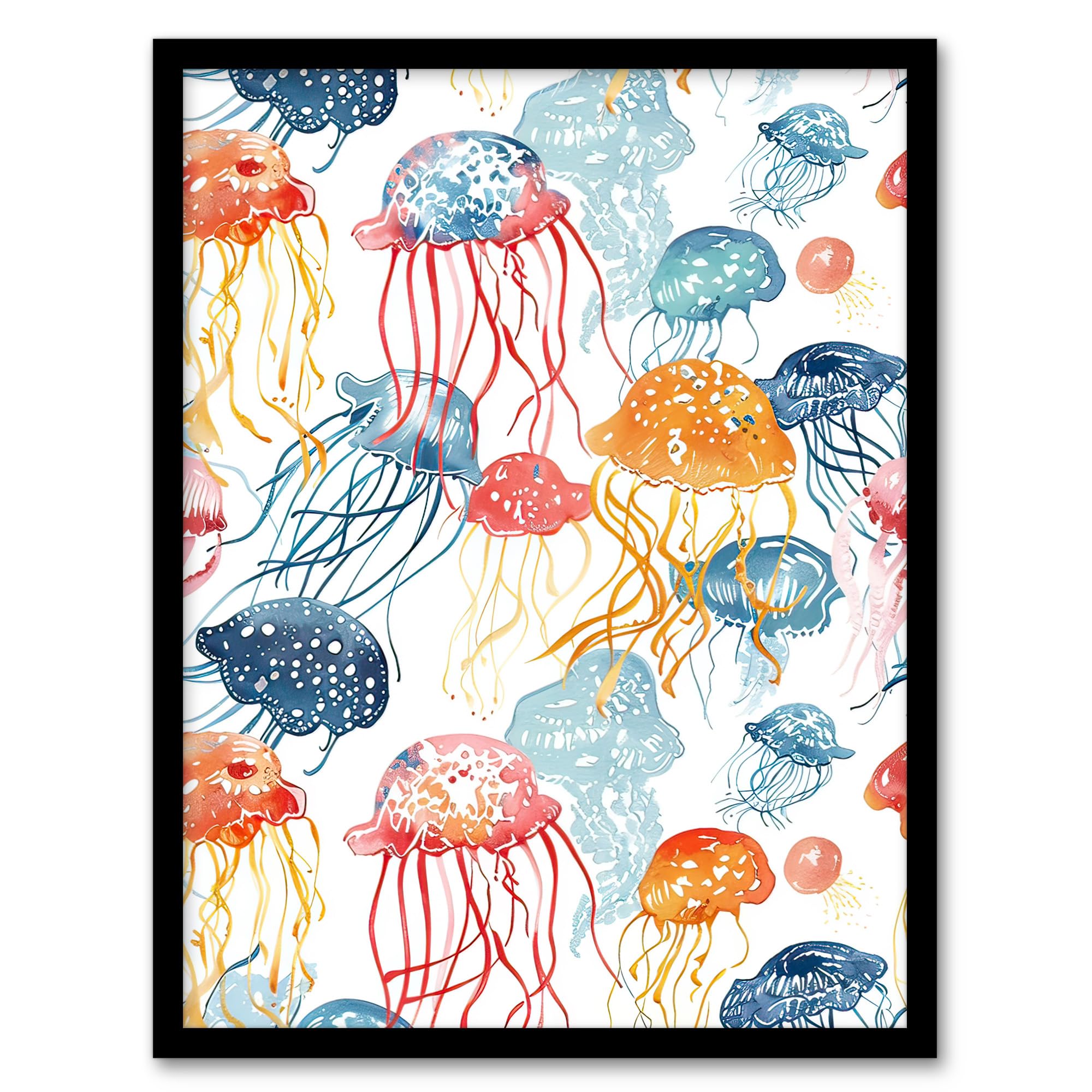 Artery8 Jellyfish Blue Pink Orange Bright Watercolour Bathroom Toilet Artwork Framed Wall Art Print 18X24 Inch