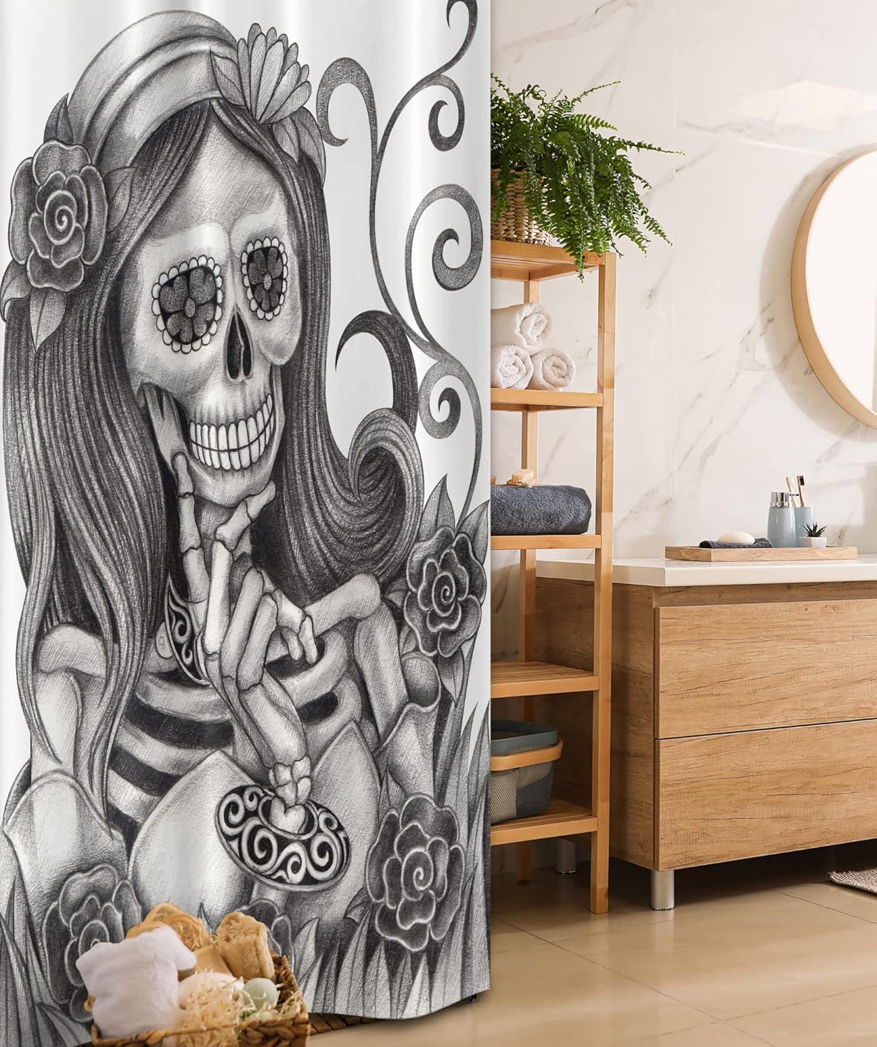 Ambesonne Skull Stall Shower Curtain, Skull Girl with Floral Veil Ceremony Day of The Dead Bride Skeleton Lady Art, Fabric Bathroom Decor Set with Hooks, 36" W x 72" L, White and Grey