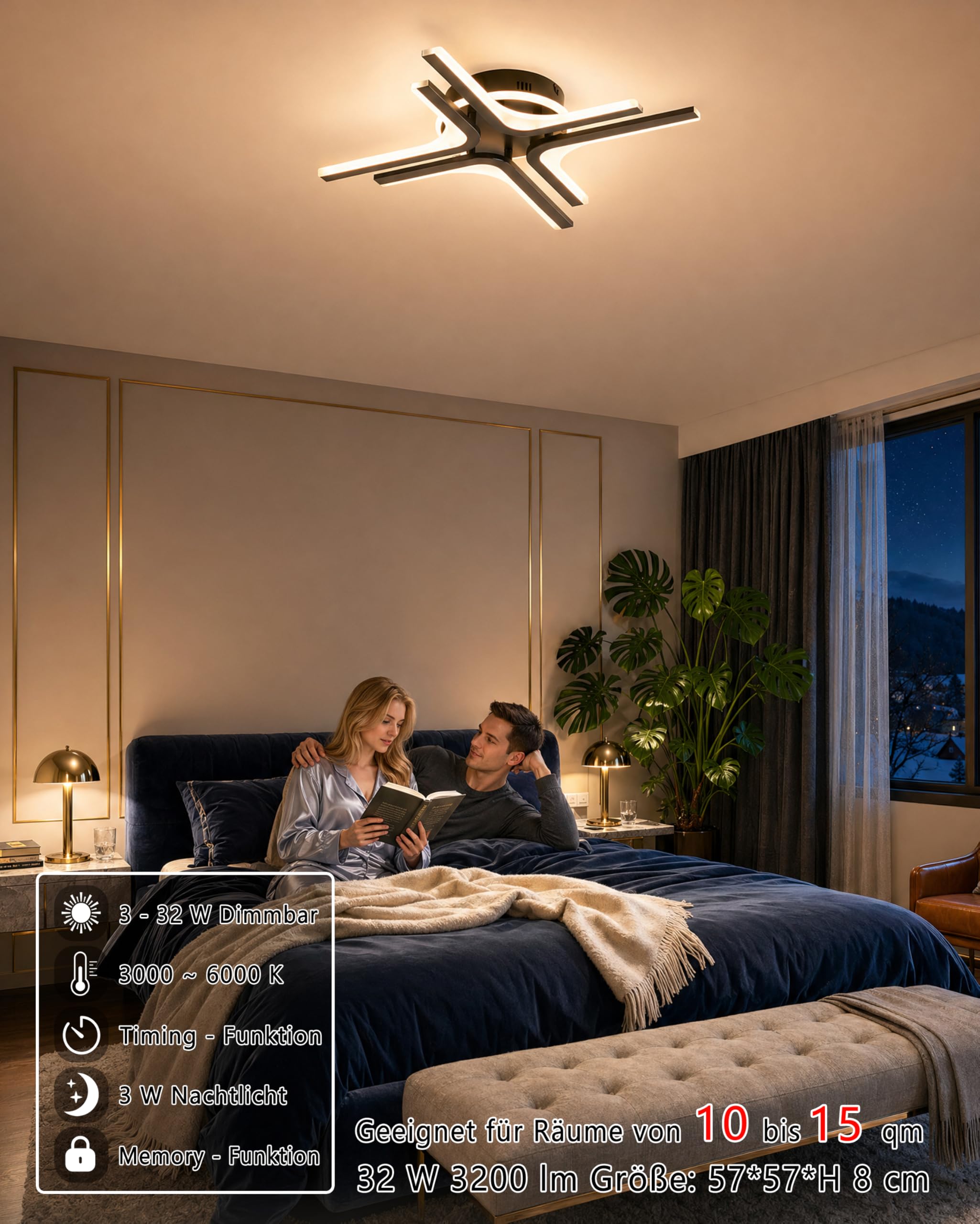 LED Deckenleuchte Dimmbar schwarz Stern, 57cm 32W Farbtemperatur 3000-6000K, Helligkeit 10-100%, Neu Fernbedienung/Mobile APP, Für Schlafzimmer, Wohnzimmer, Flur, Mit Memory-Funktion, 3W Nachtlicht
