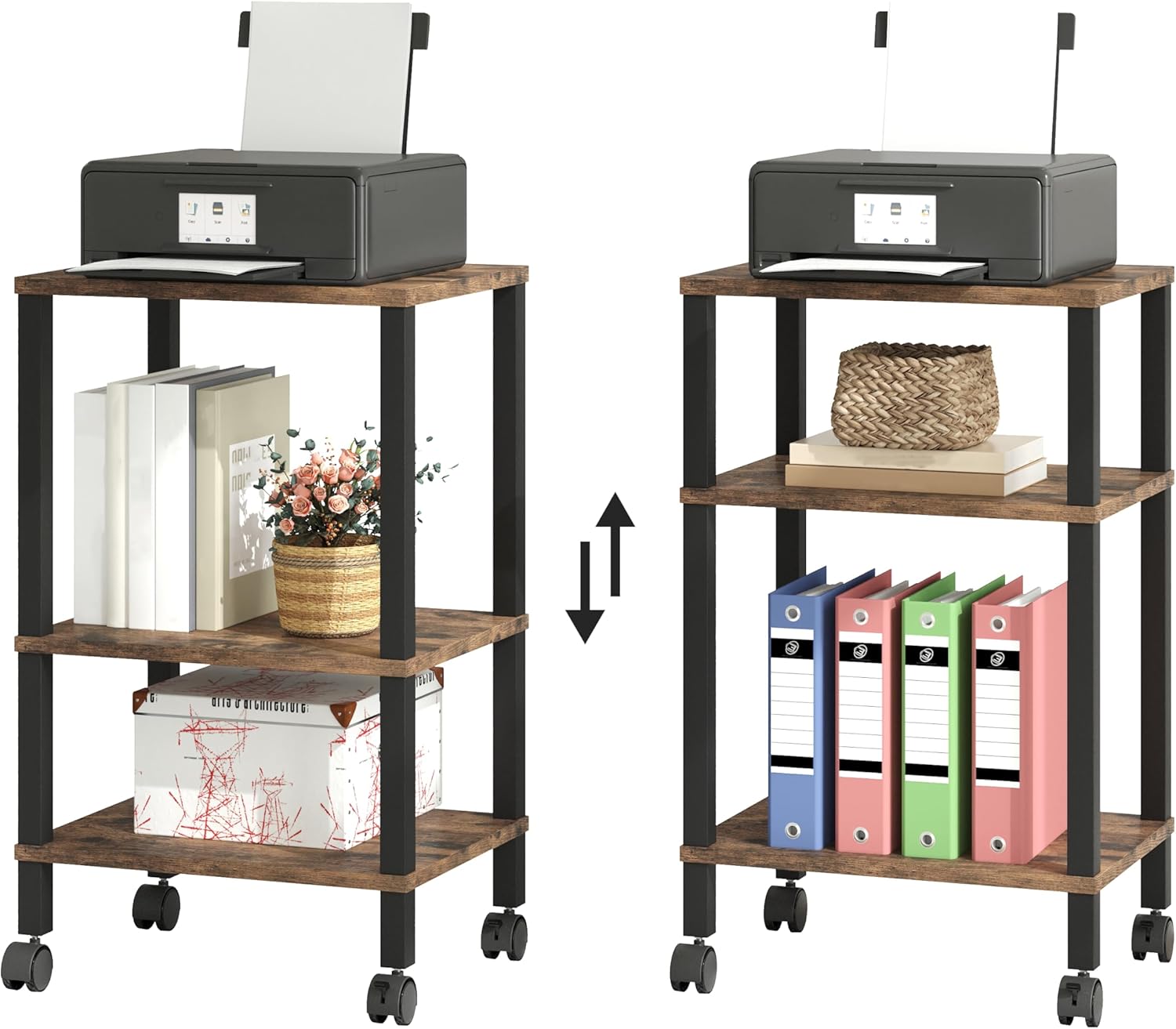 3-Tier Printer Stand with Storage, Mobile Printer Cart with Rolling Casters & Adjustable Feet, Under Desk Storage Shelf for Home Office, Rustic Brown, 15.7" x 11.8" x 25.9"
