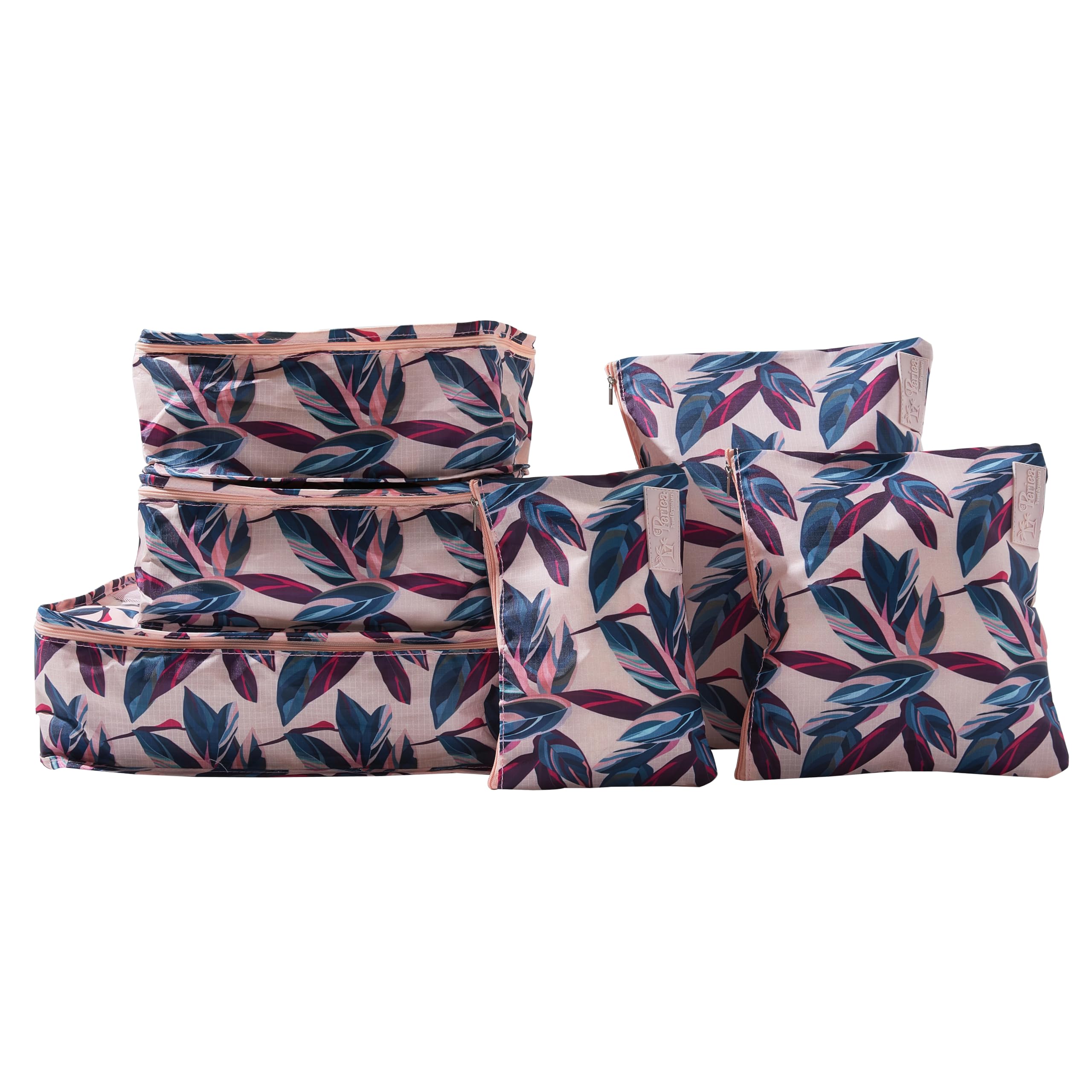 Periea Peach Leaves Lucy Packing Cubes For Suitcases & Carry On Hand Luggage – Set Of 6 Travel Packing Organisers – 6 Colours (Peach Leaves)