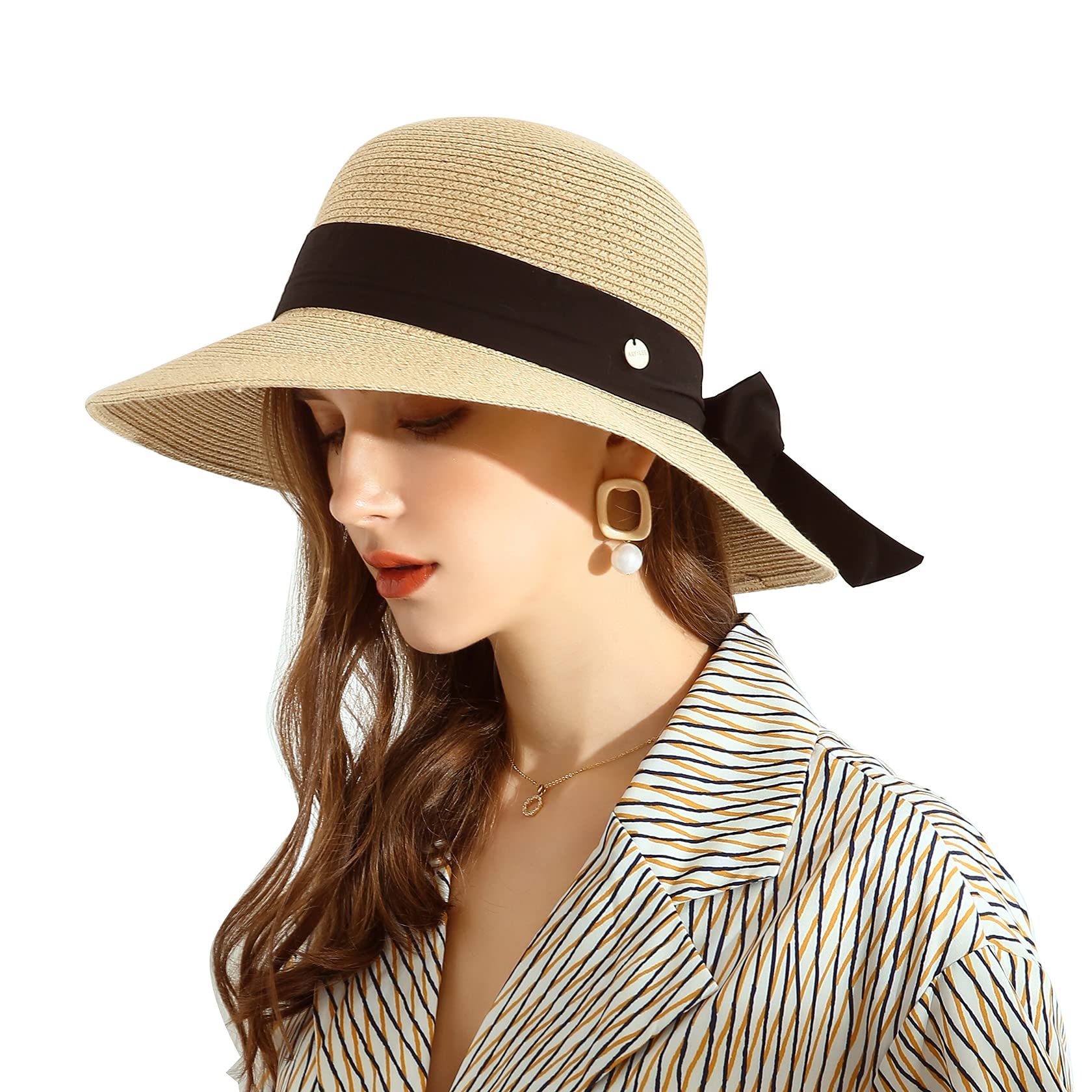 URSFUR Wide Brim Summer Straw Sun Hat for Women with Wind Lanyard UPF