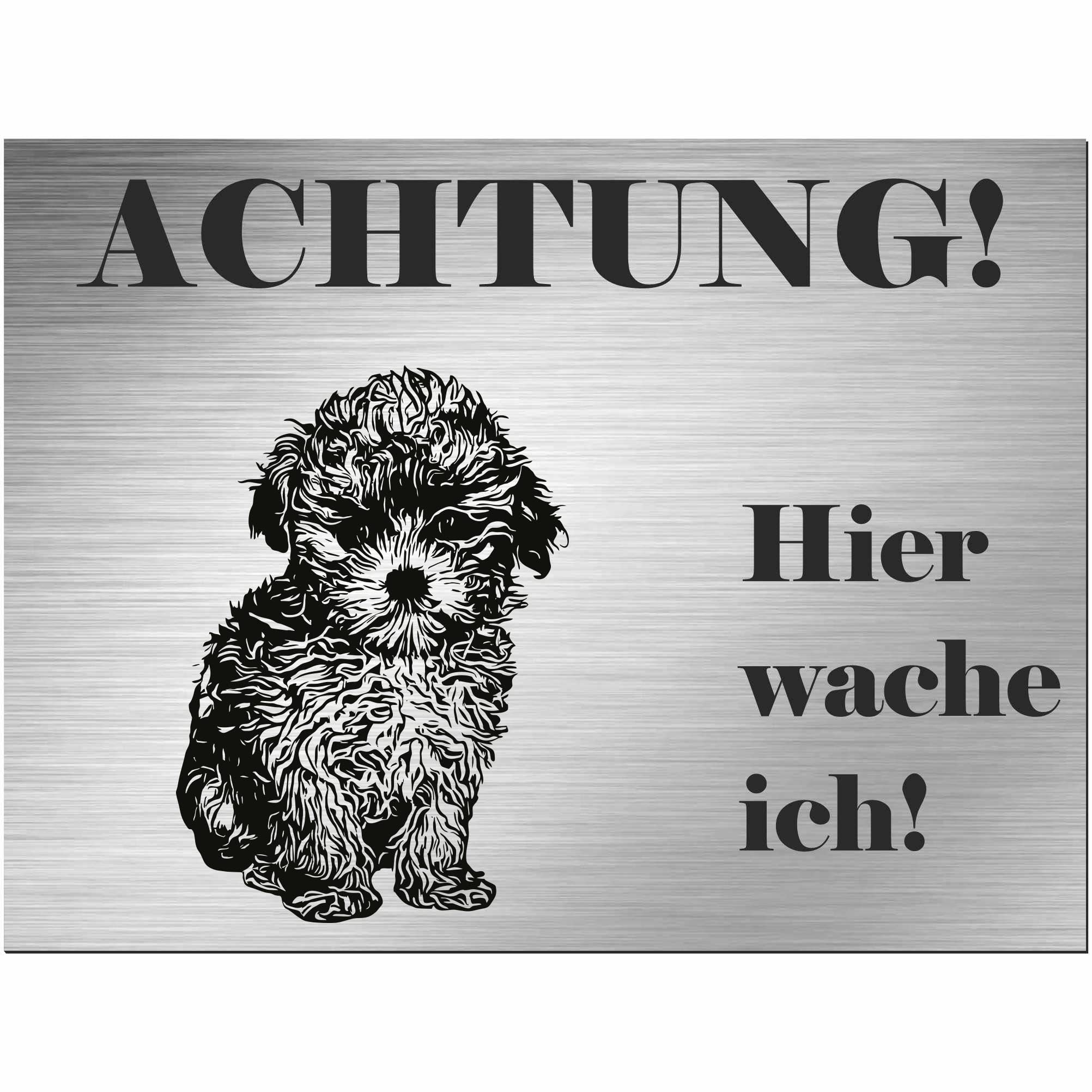 INDIGOS UG – Maltipoo – Targa stampata – Attenzione Hier wache ich! – Alluminio Dibond look acciaio inox – 60 x 40 cm – Scritta – Idea regalo per il vostro cane – recinzione – targa per porta