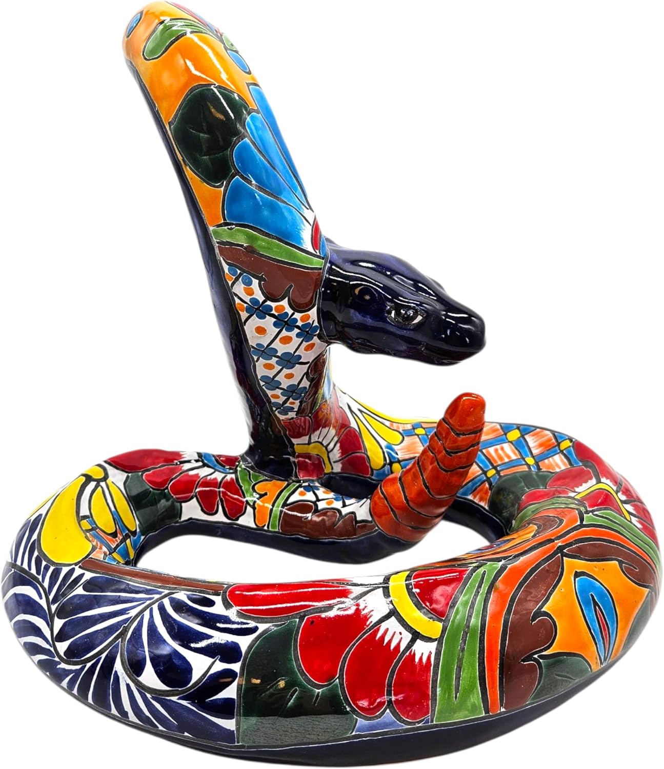 Coiled Rattlesnake Figure Hand Painted Indoor Outdoor Multi Colored Glazed