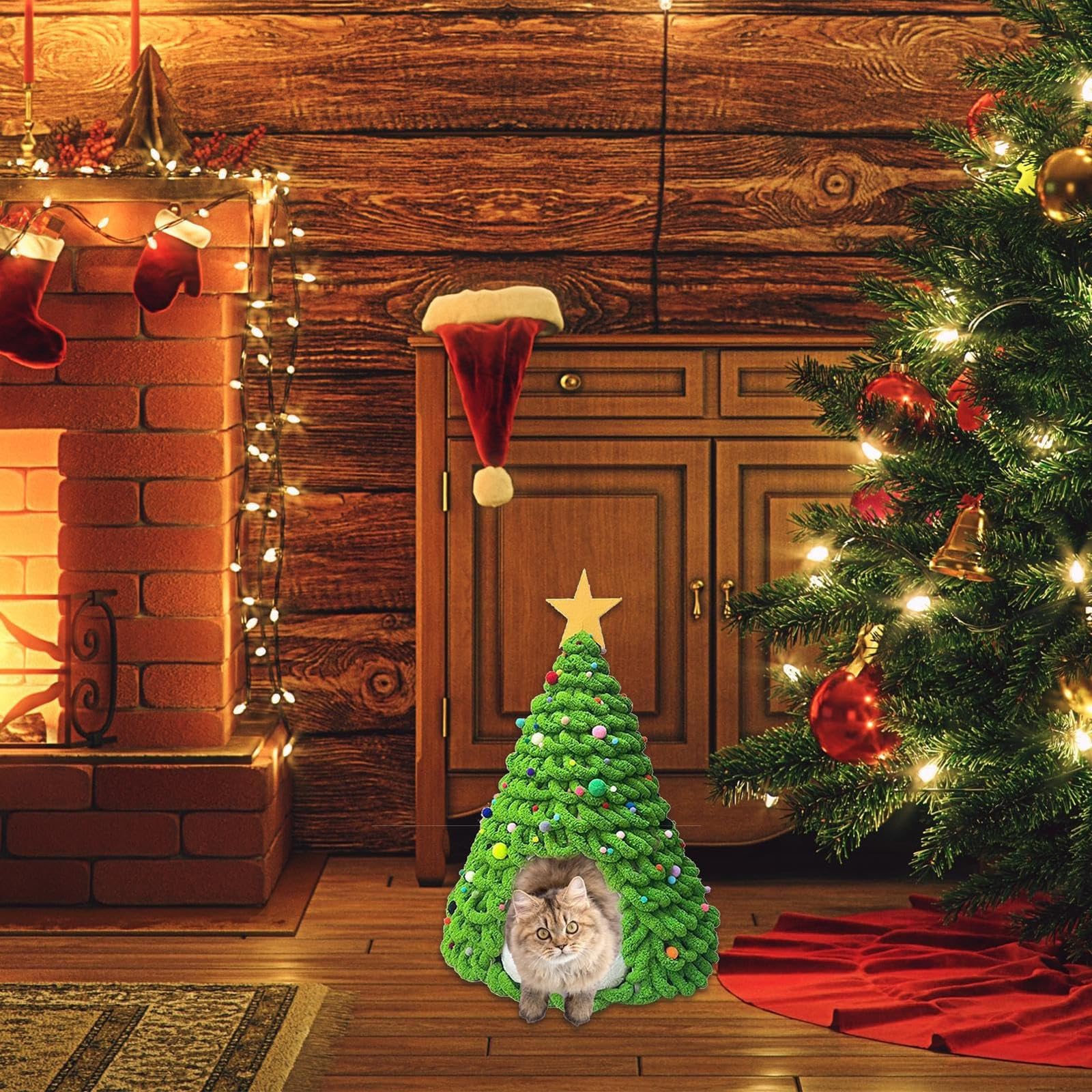 Cuccia per Gatti a Forma di Albero di Natale Set di Materiali per Nido Morbido Chiuso per Gatti da Interno e Cani Piccoli Regalo Natalizio Caldo per Amanti dei Gatti(Red2)