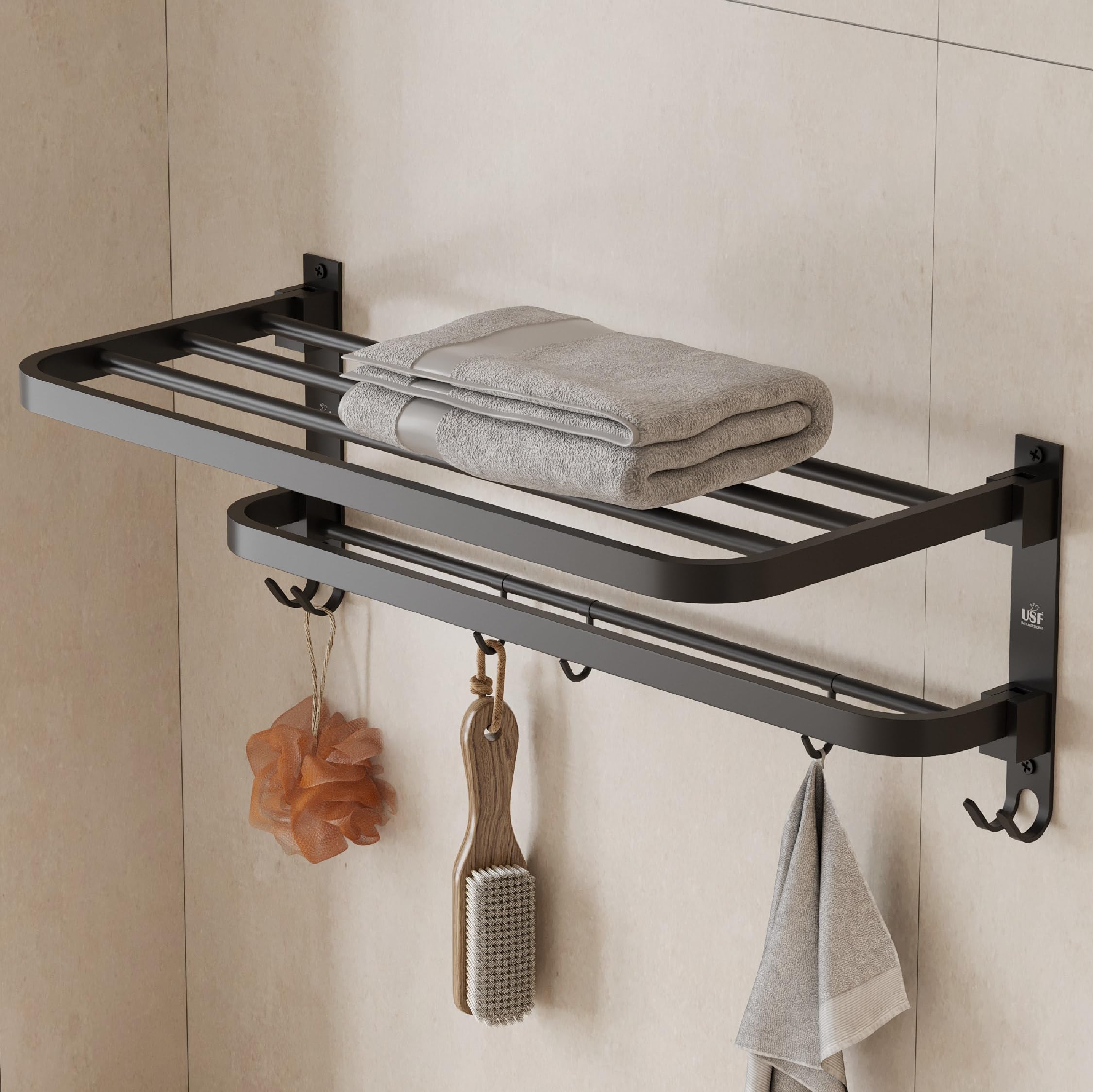 USF Bath Accessories 24 Inch 304 Grade Stainless Steel Double-Layer Folding Towel Rack for Bathroom, Strong Build & Space Saving Wall-Mounted Towel Hanger - Black Finish (Pack of 1)-image-16