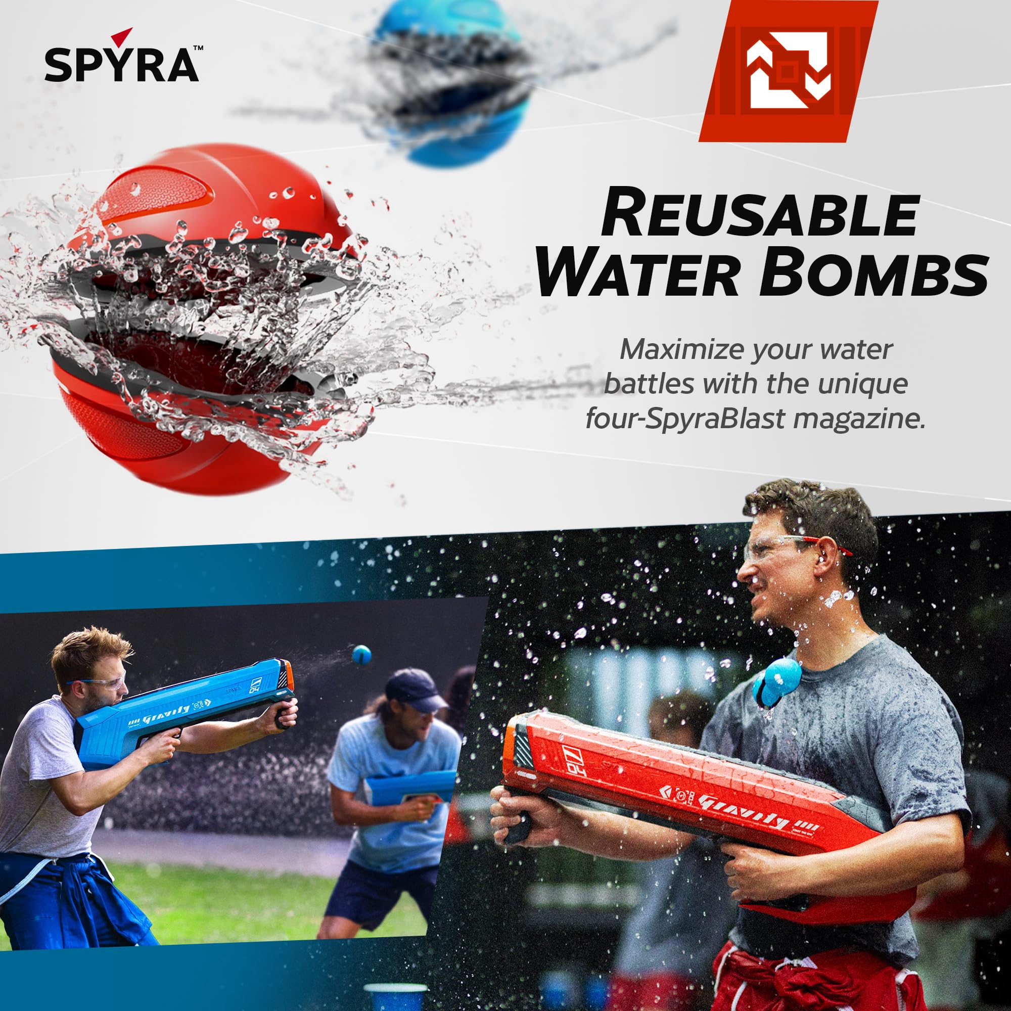 SpyraGravity Elektrischer Wasserbombenwerfer 16m Reichweite LED Anzeige 4 Wasserbomben