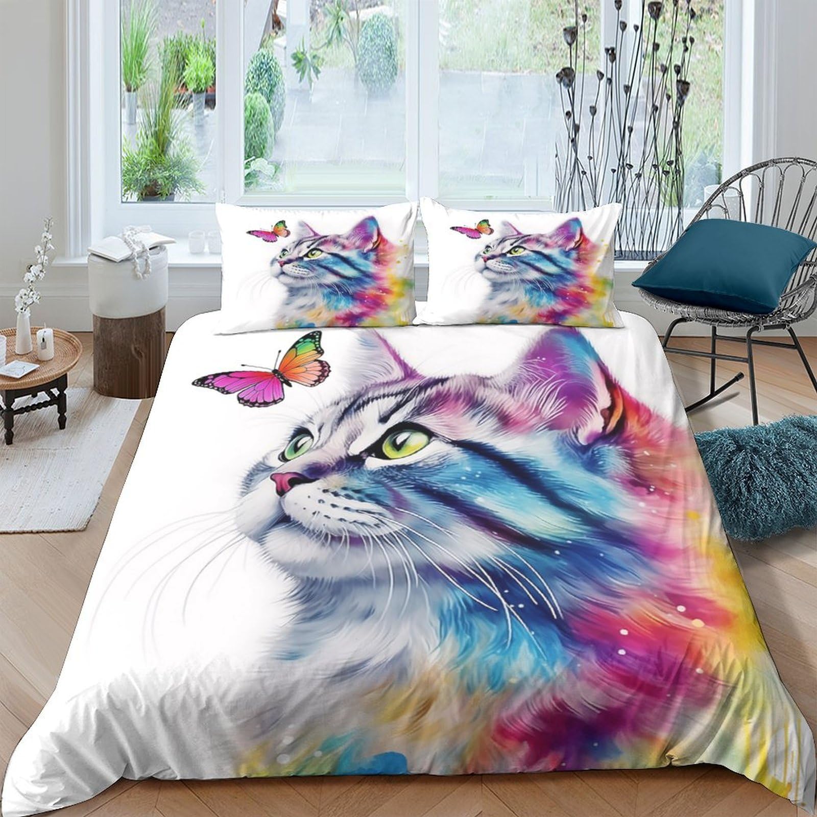 Ctjqhvkz Style-9 3D Printed Colorful Cat Fitted Sheet Microfiber Soft Breathable Butterfly Bed Sheet For Bedroom Dorm Bed Protection Decor Single（135X200cm）
