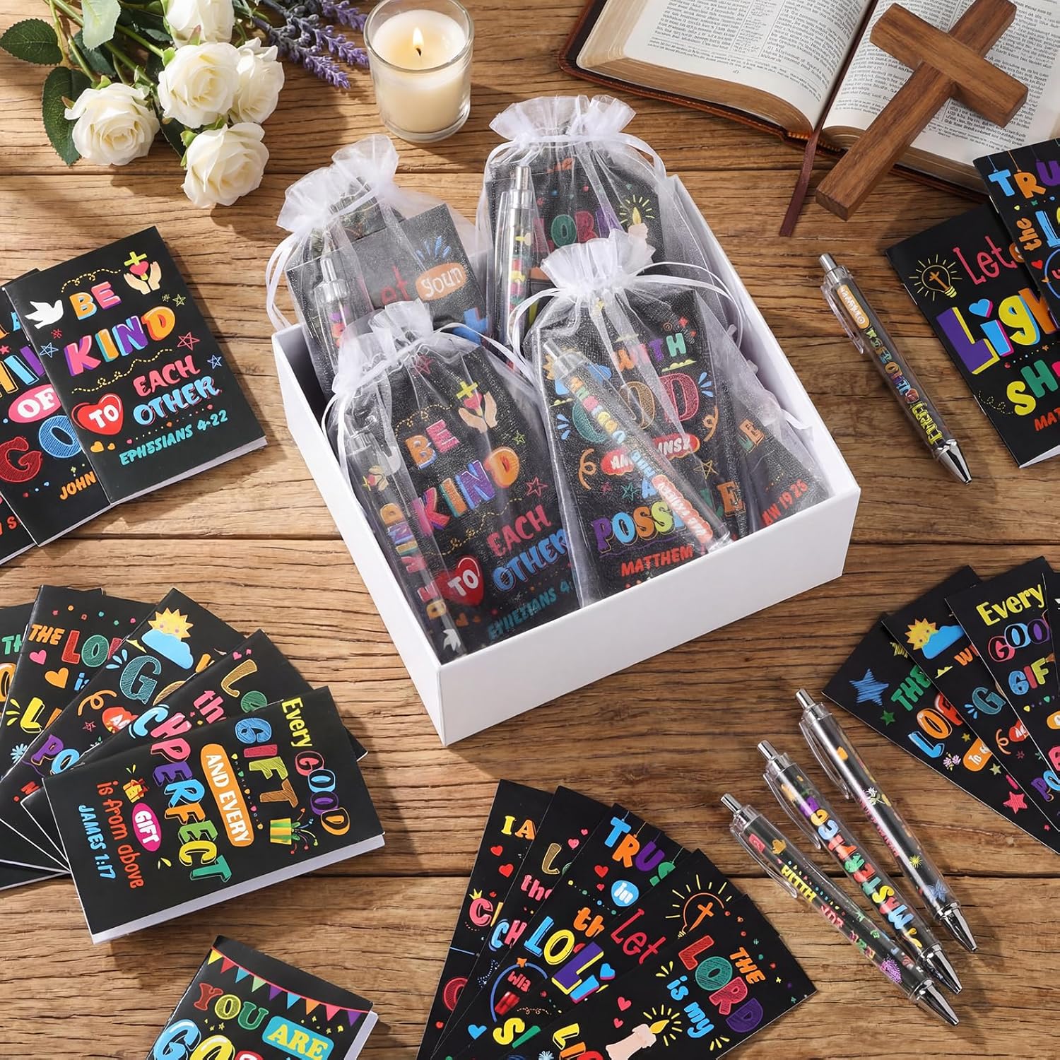 Moinchore 200 Pcs Christian Gifts for Women Christian Accessories Include 50 Bible Verses Notebooks 50 Church Bookmarks 50 Ballpoint Pens 50 Organza Bags for Church Motivational Gift (Bright)