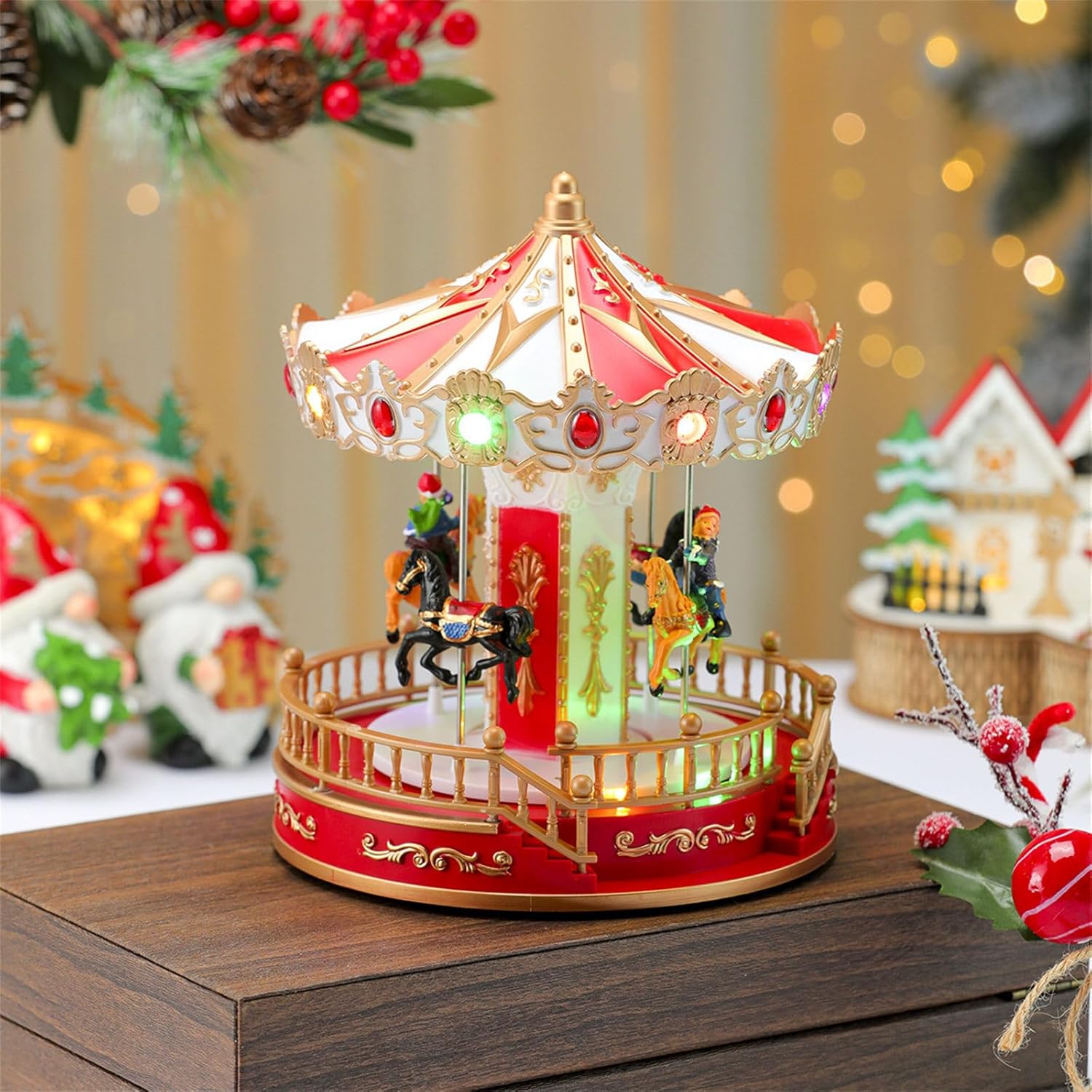 LED Illuminating Rotating Music Box Christmas Carousels Decoration Ornament with Melodies for Family Gatherings
