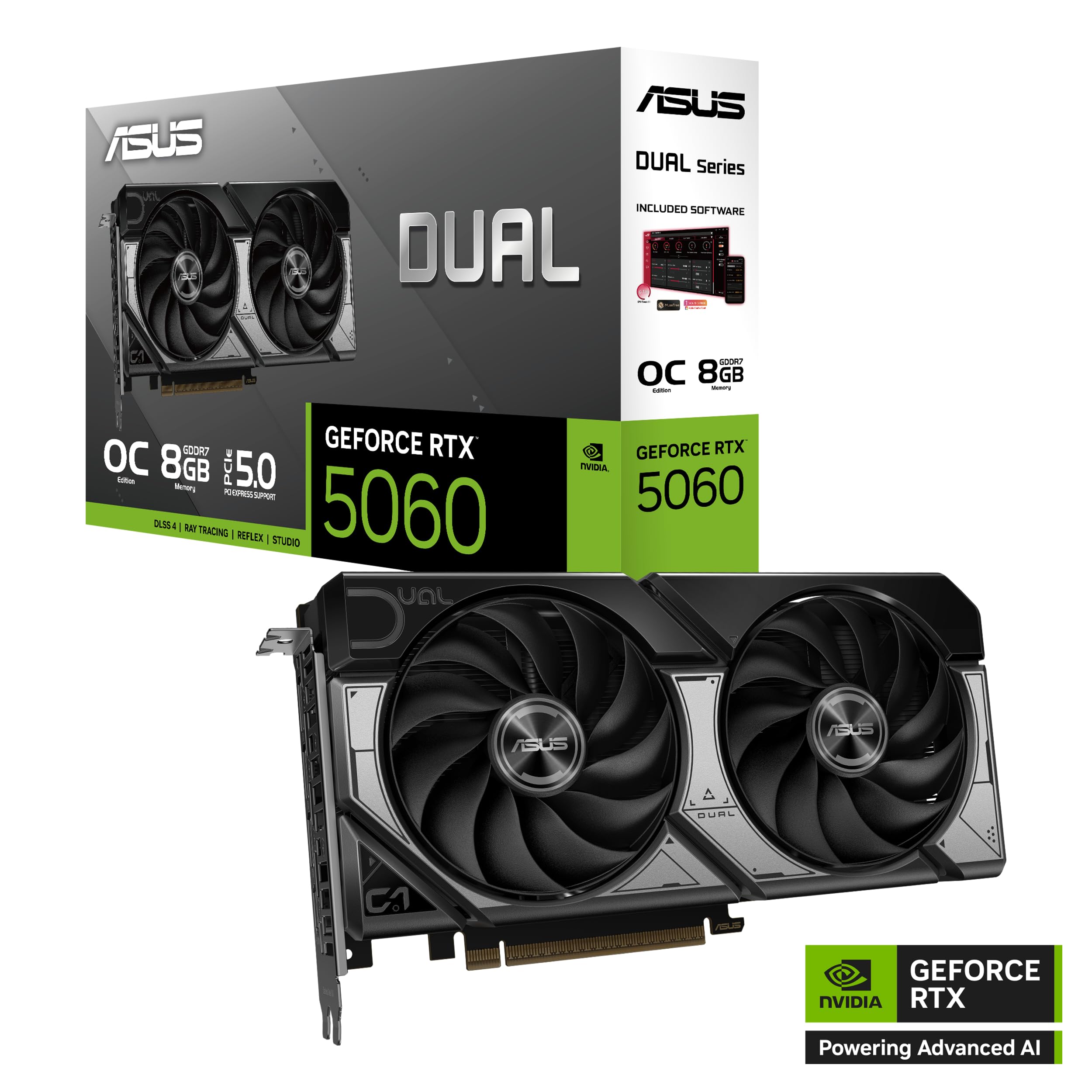 ASUS Dual GeForce RTX™ 5060 8GB GDDR7 OC Edition (PCIe 5.0, 8GB GDDR7, DLSS 4, HDMI 2.1b, DisplayPort 2.1b, 2.5-Slot Design, Axial-tech Fan Design, 0dB Technology, and More)