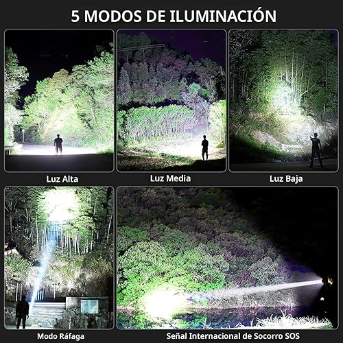 Miniatura 5 de Linternas LED recargables de alto lúmenes, 90,000 lúmenes, linternas súper brillantes con 5 modos, linterna de flash potente impermeable linterna