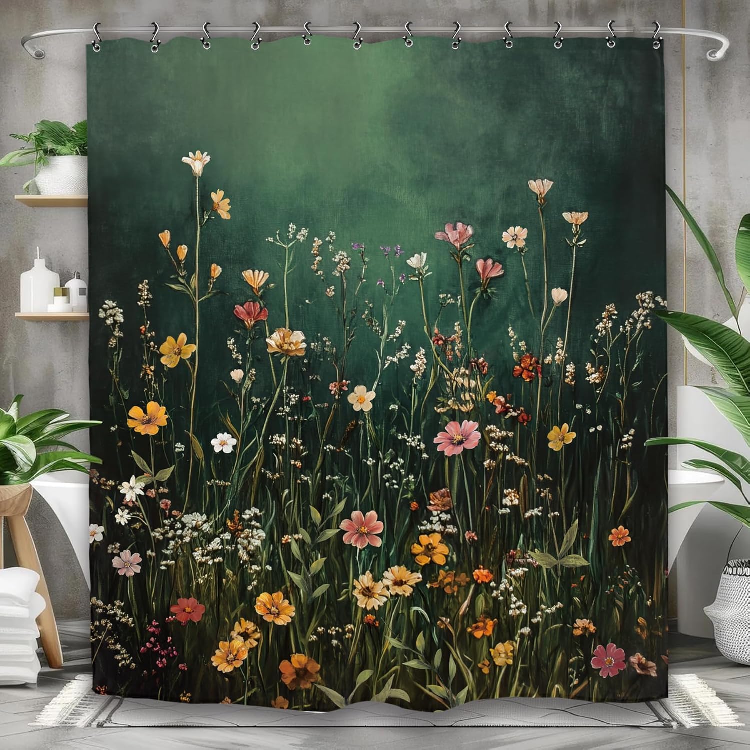 GLKSDLPO Vintage Flower Blossom Bathroom Shower Curtain Wildflower Botanical Spring Plant Dark Green Leaves Wet Room(120x183cm/47x72in(WxH))