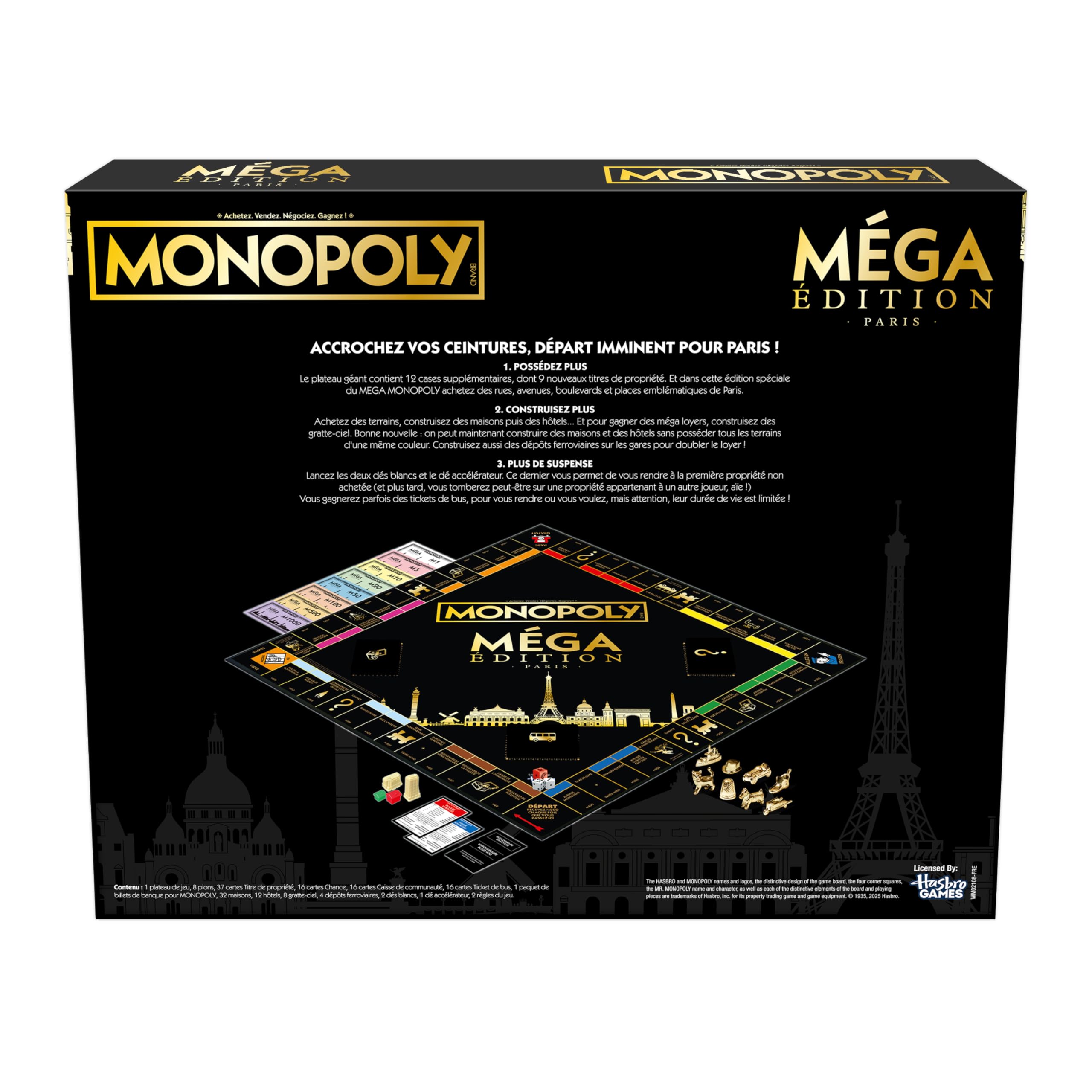 Winning Moves Monopoly Mega Paris Gold en français - Édition de Luxe Jeu de société 8 Ans + emblématique - Jeu de Plateau pour 2 à 6 Joueurs