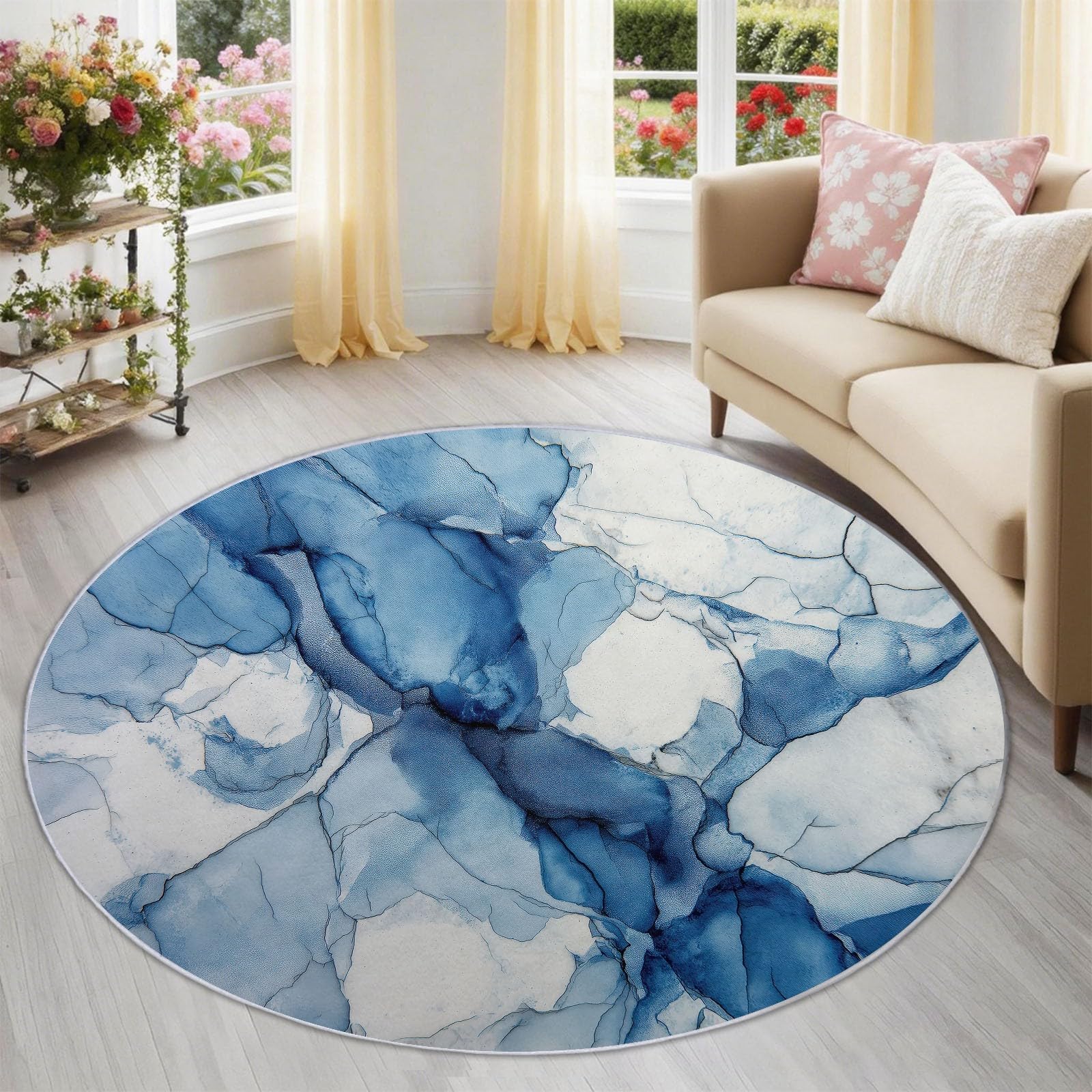 Générique Tappeto rotondo 150 cm, lavabile in lavatrice, tappeto antiscivolo a pelo basso, stile astratto, motivo effetto ombreggiato, inchiostro acquerello moderno, morbido, per camera degli ospiti