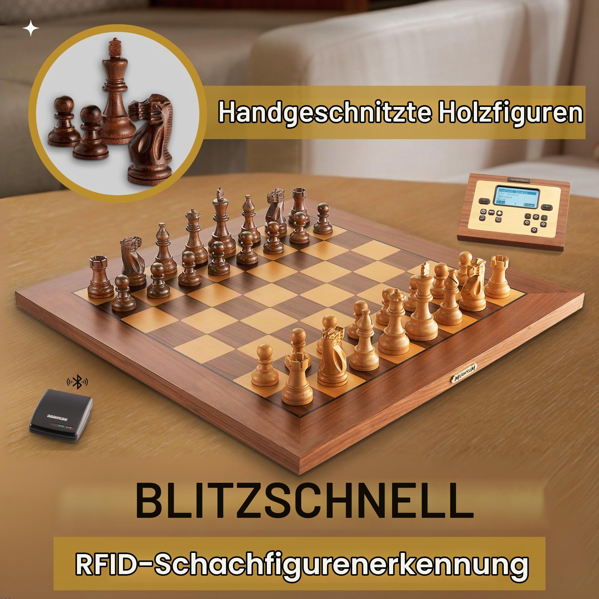 MILLENNIUM Supreme Tournament E-Board Set - Elektronisches Turnierschachbrett mit hochwertigen Holzfiguren, inklusive ChessLink-Modul für Online-Schach gegen Spieler aus der ganzen Welt