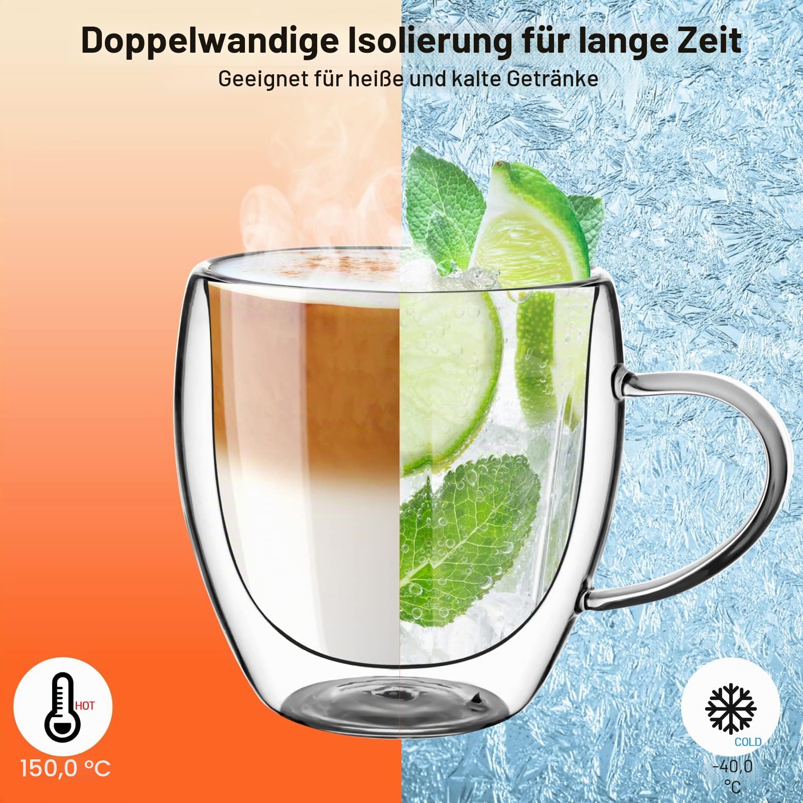 Espressotassen 80ml, 4er Set Espresso Gläser, doppelwandige Espressotassen Glas mit Henkel Kaffeetassen für Espresso, Cappuccino, Macchiato,Tee