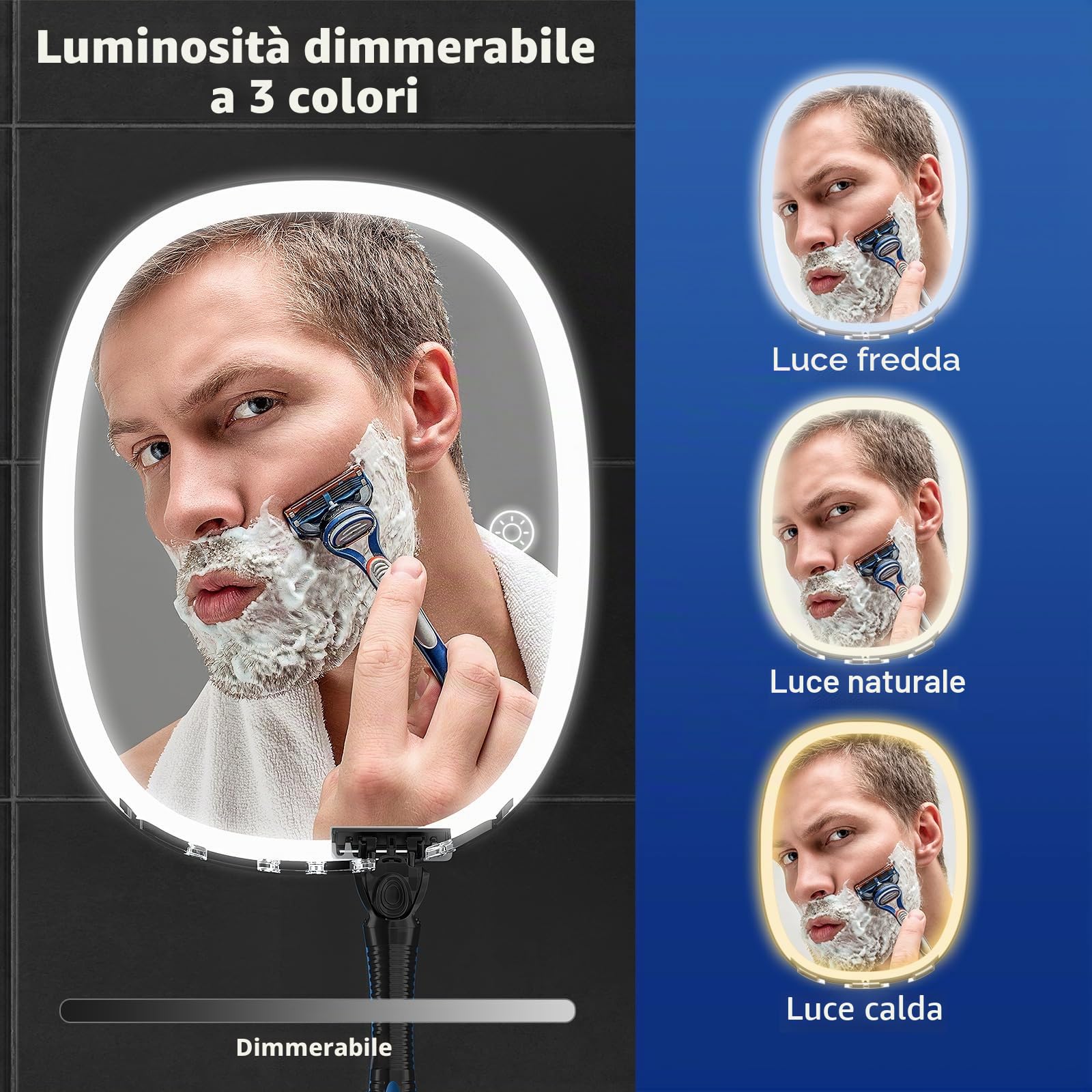 FASCINATE Specchio da barba Specchio da doccia antiappannamento, 3 colori di luce regolabili Specchio da doccia antiappannamento con supporto per la lama del rasoio
