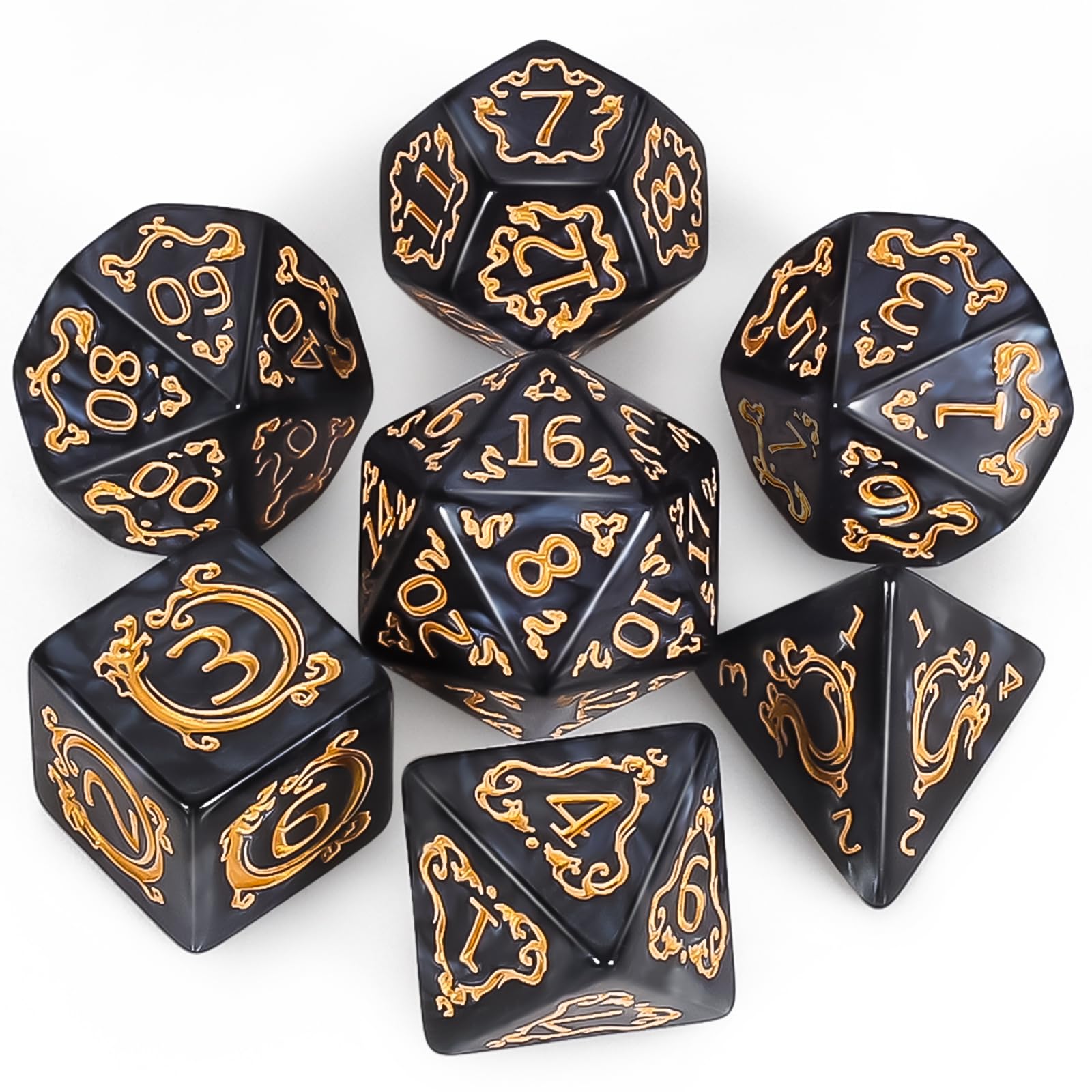 QMAY Set di Dadi Poliedrici per Dungeon and Dragons MTG RPG D&D - 7 Pezzi con D20, D12, D10, D%, D8, D6, D4 (Motivo Drago Nero) - 1