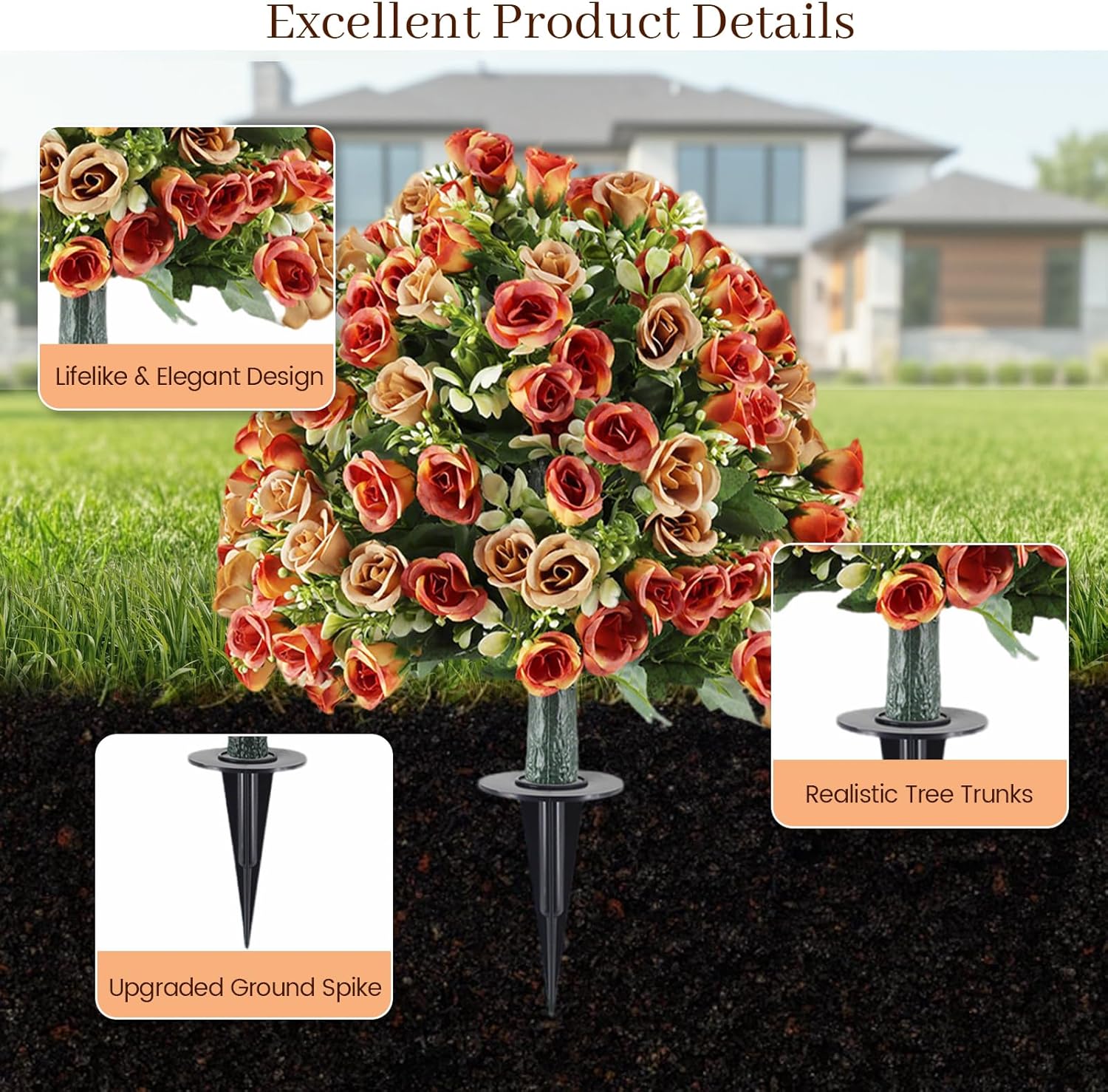 Set of 2 Artificial Topiary Ball Trees with Rose Flowers, 24" Fake Boxwood Shrubs for Outdoor with Ground Spike, UV Resistant No Fade Faux Greenery Plants for Indoor Garden, Patio, Porch (Orange)