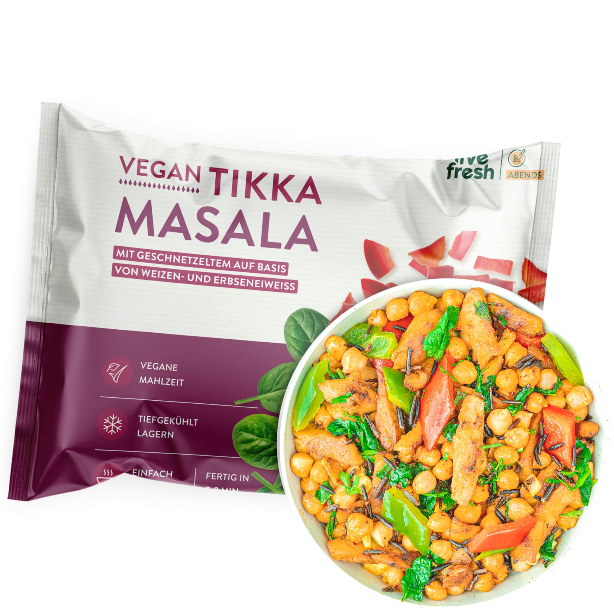 LiveFresh Tikka Masala | 14 x 400g vegane Diät Feriggerichte | Low Carb Lebensmittel mit 30g Protein und nur 512 kcal pro Portion | Schnell zubereitet | Schonend schockgefrostet
