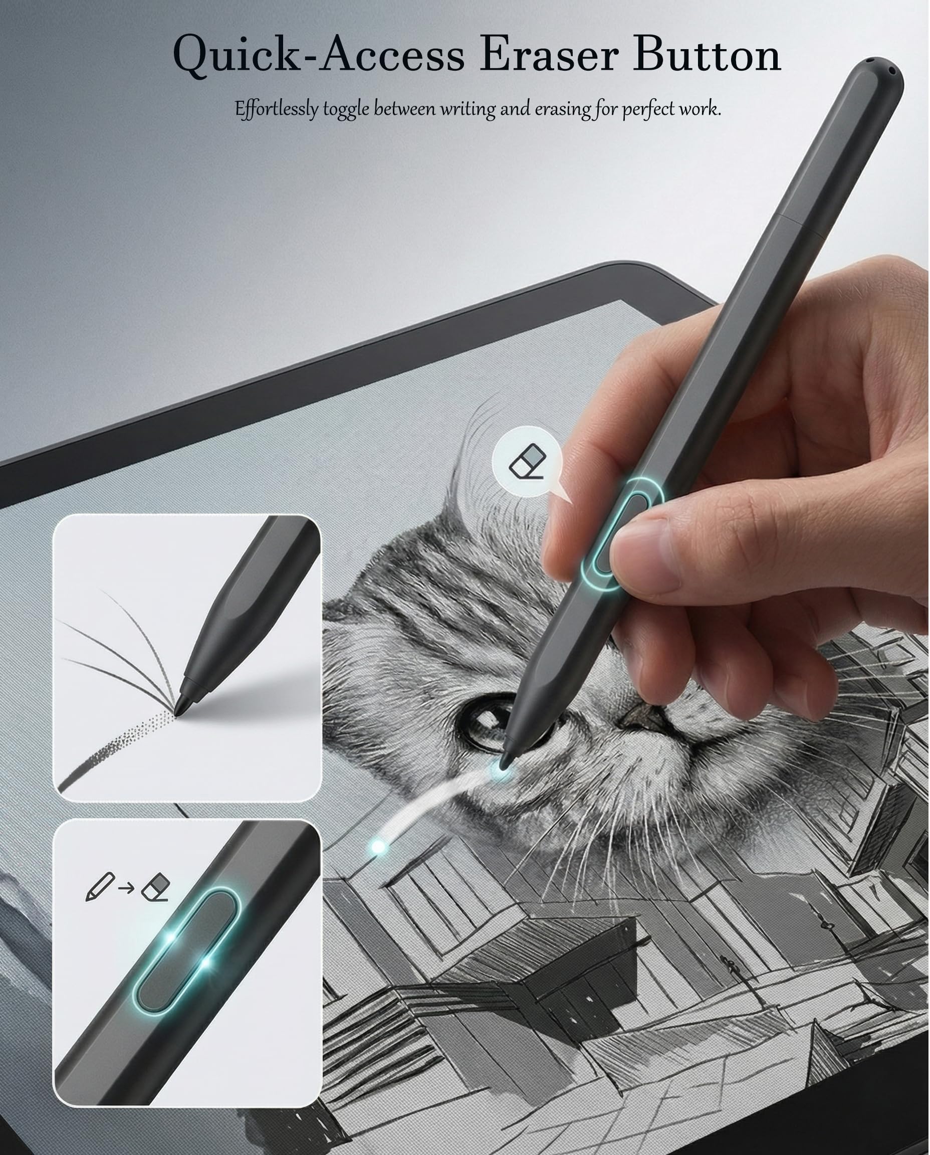 Stylet magnétique EMR compatible avec Remarkable 1/2, Kindle Scribe et Samsung, stylo numérique de rechange avec gomme, 4096 niveaux de pression, support d'inclinaison, rejet de paume, 5