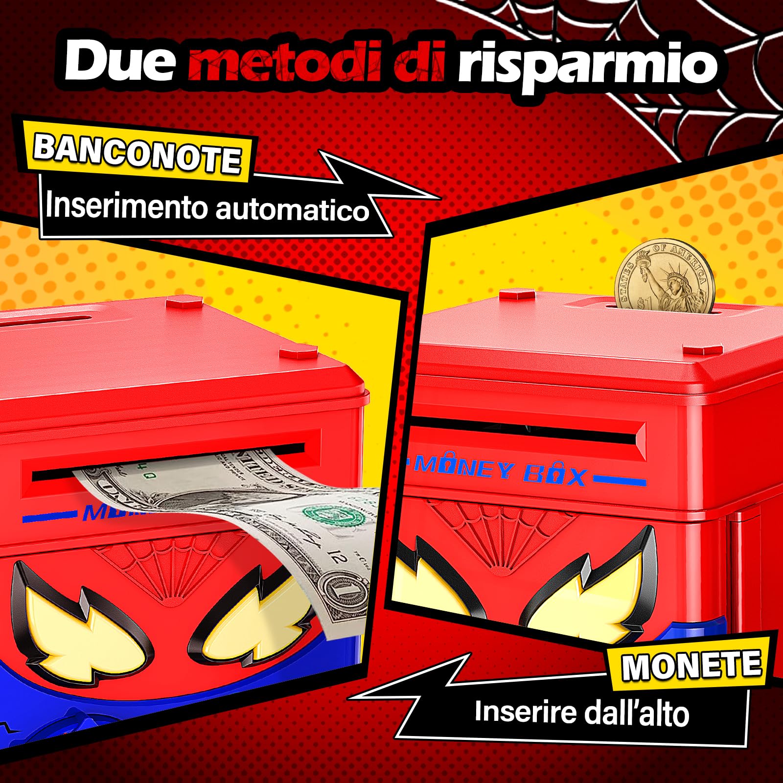 Salvadanaio Bambini - Salvadanaio Elettronico Cassaforte Spider con Impronta Digitale e Codice, Regalo Gioco Educativo Bambini 3 4 5 6 7 8 10 12 Anni