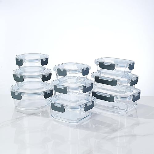 Contenedores de vidrio para preparación de comidas, 18 piezas recipientes de vidrio para almacenamiento de alimentos con tapas, sin BPA y a prueba