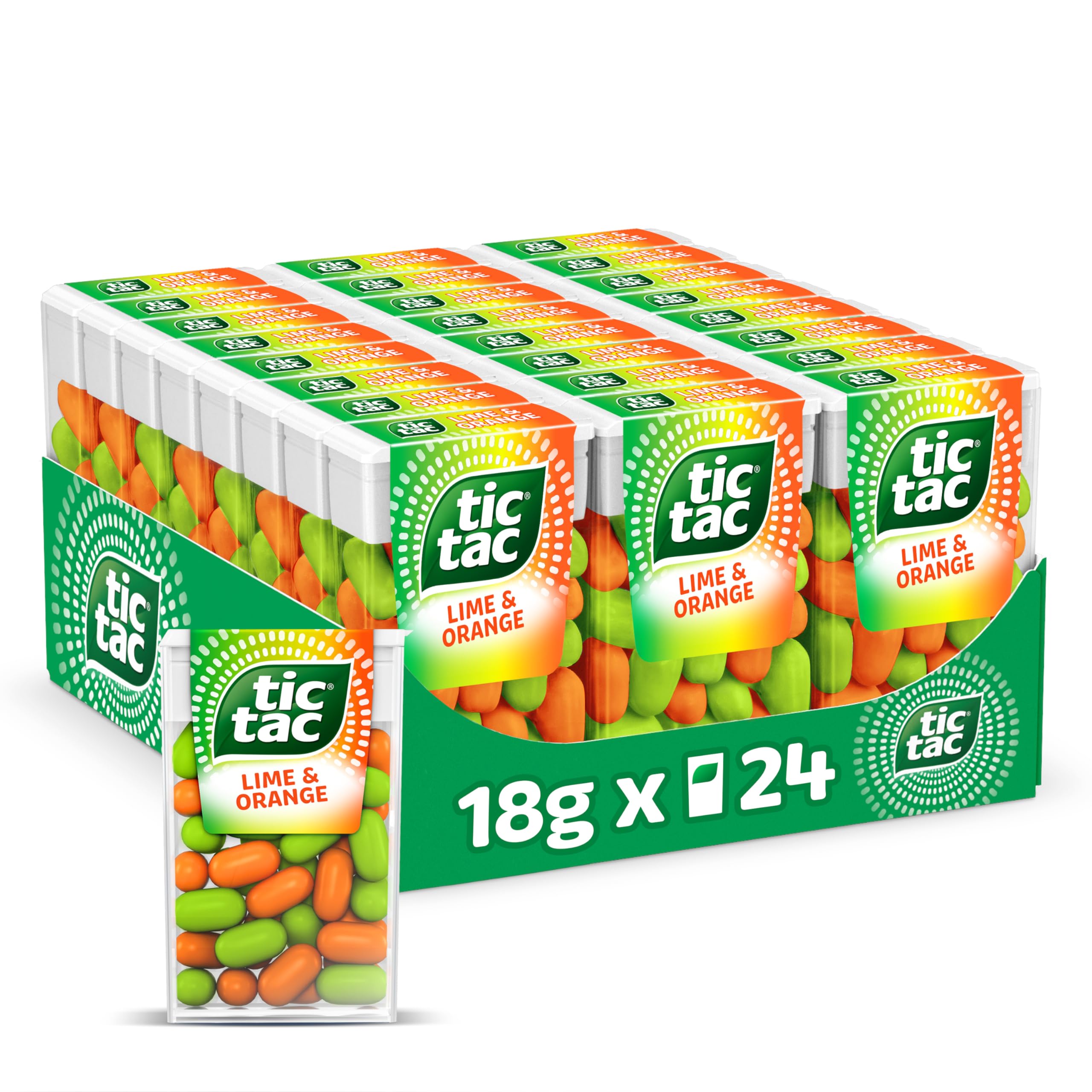 Tic Tac Lime and Orange Sweets, for Little Moments of Refreshment in a Convenient Pack, Bulk Pack of 24 x 18 g