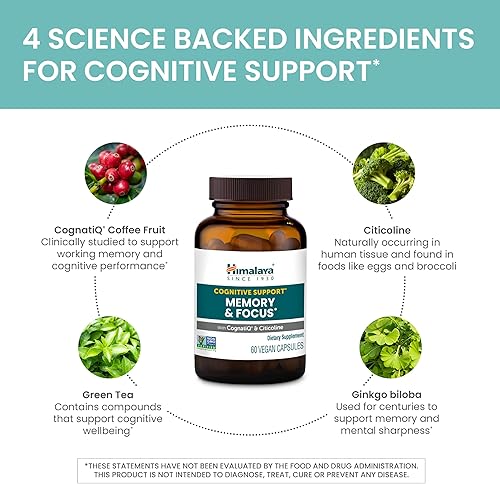 Miniatura 6 de Himalaya Memory & Focus, suplemento herbario, apoya la función cognitiva, la atención y el BDNF, vegano, sin gluten, citicolina y CognatiQ, 60