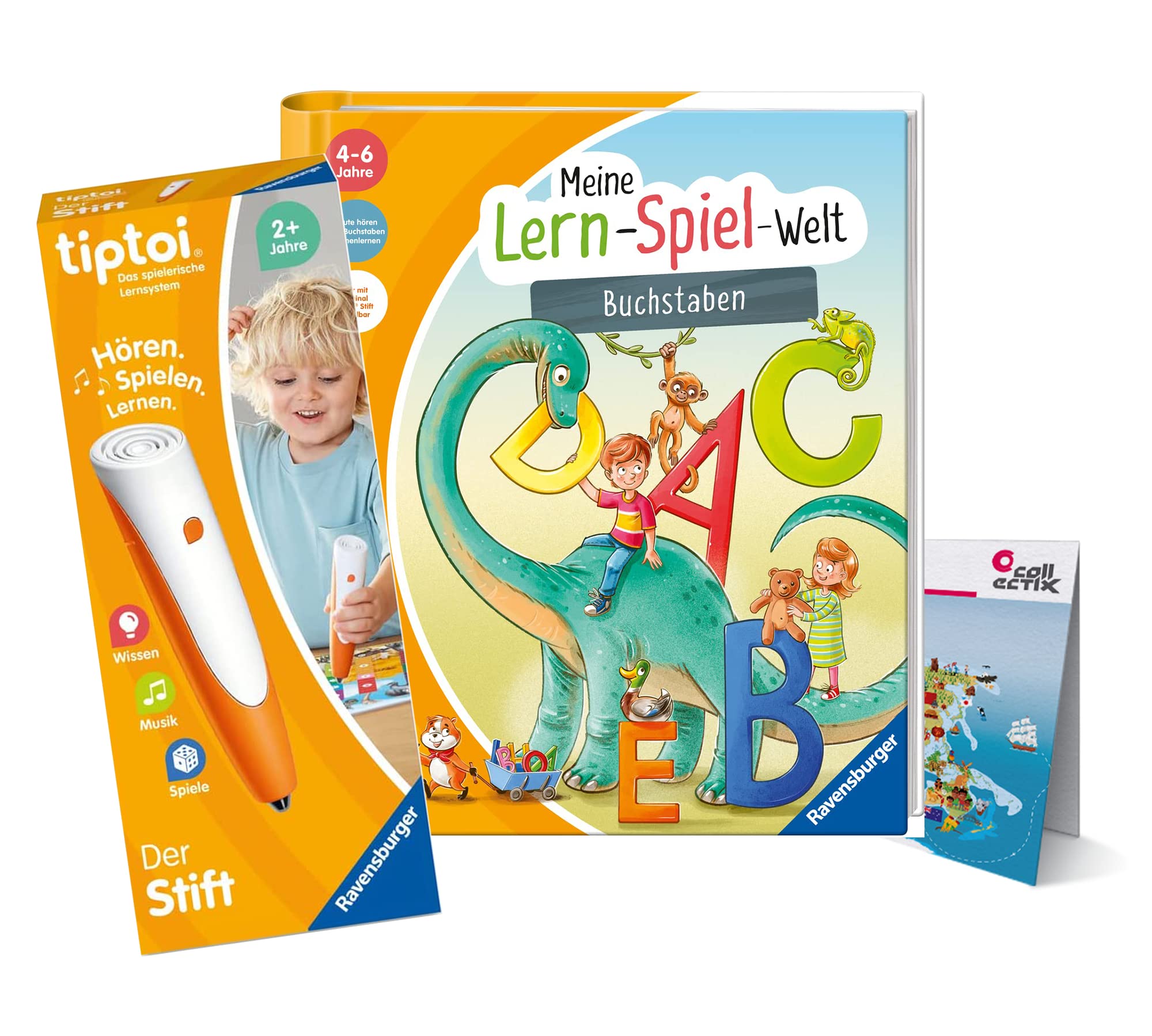 tiptoi Ravensburger zestaw z literami (książka dla dzieci) + długopis 00110 + mapa świata dla dzieci, zabawka edukacyjna dla dzieci