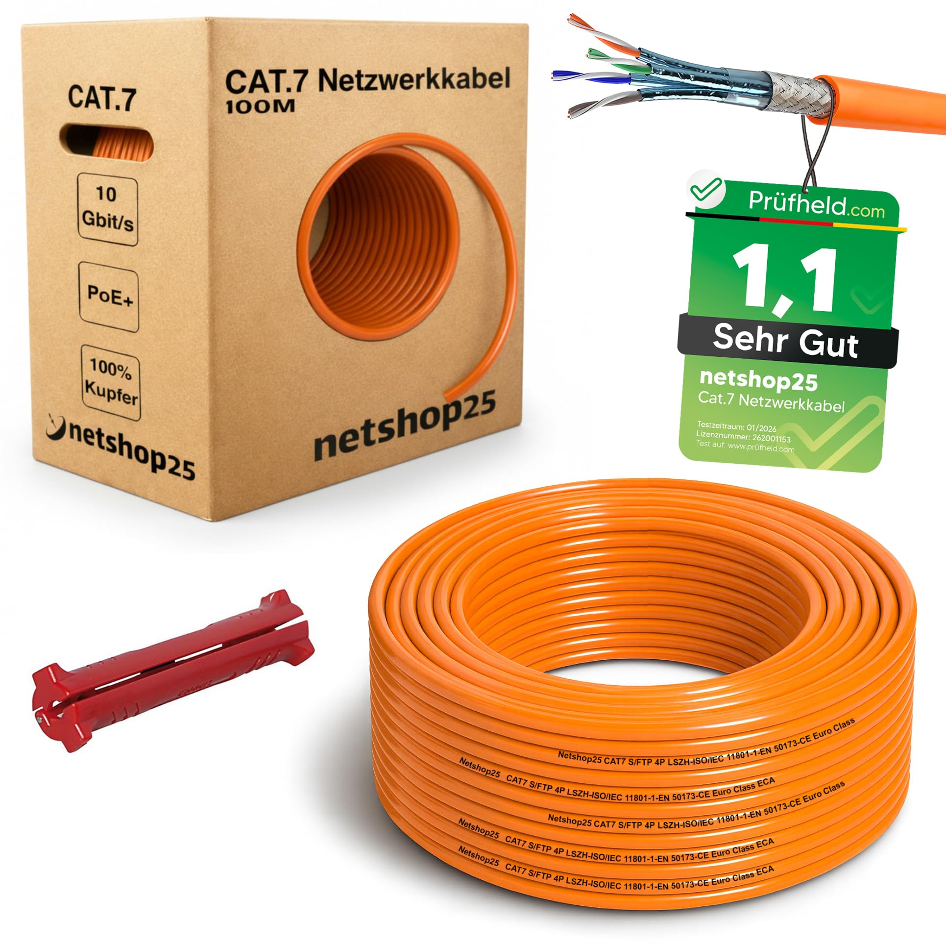 CAT.7 Netzwerkkabel 100m Verlegekabel REINES KUPFER - LAN Kabel S/FTP PiMF LSZH Halogenfrei RoHS Ethernet Cable Datenkabel Installationskabel PoE 10Gbit/s RoHS konform (Orange) + ABISOLIERER