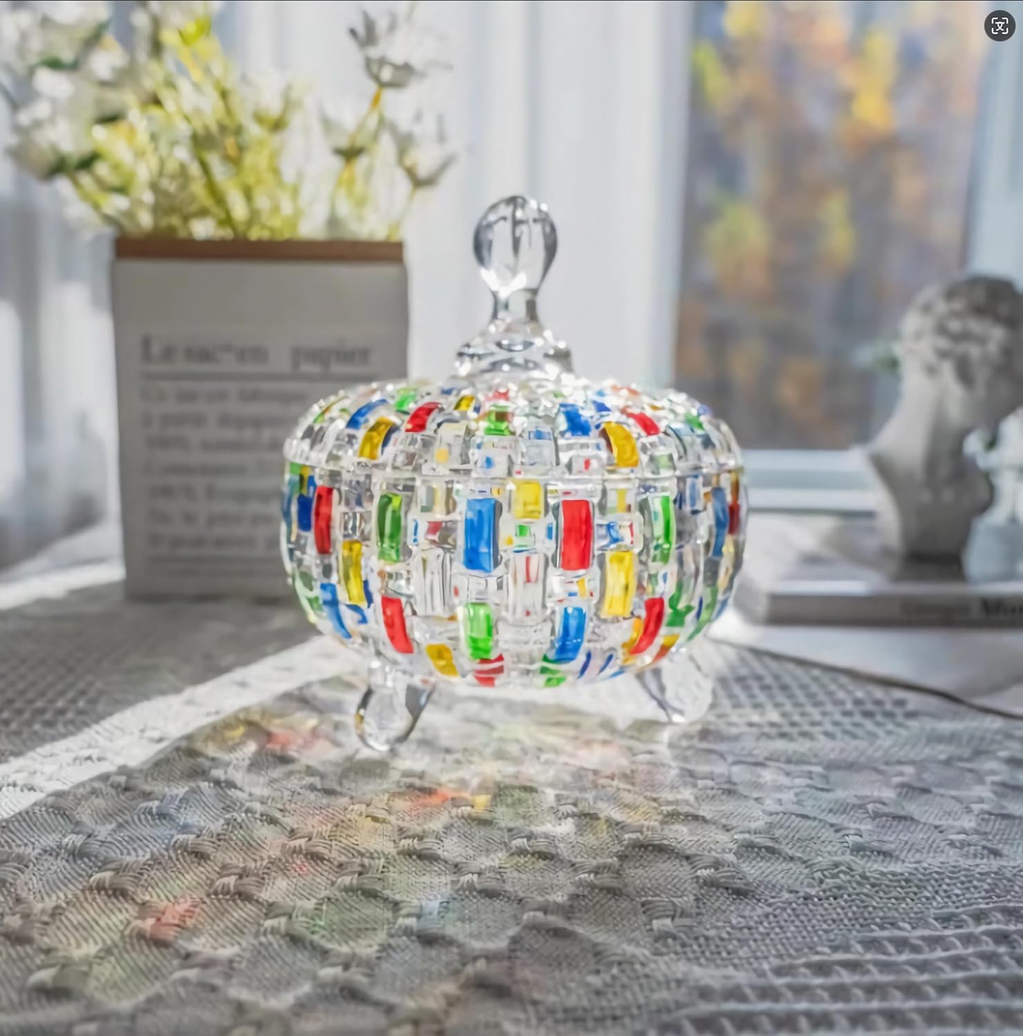 Large Crystal Glass Candy Dish with Lid, Hand-Painted Colorful Woven Crystal Candy Jar Cookies Nuts Chocolates Food Jewelry Storage Containers for Home Office Table Decor