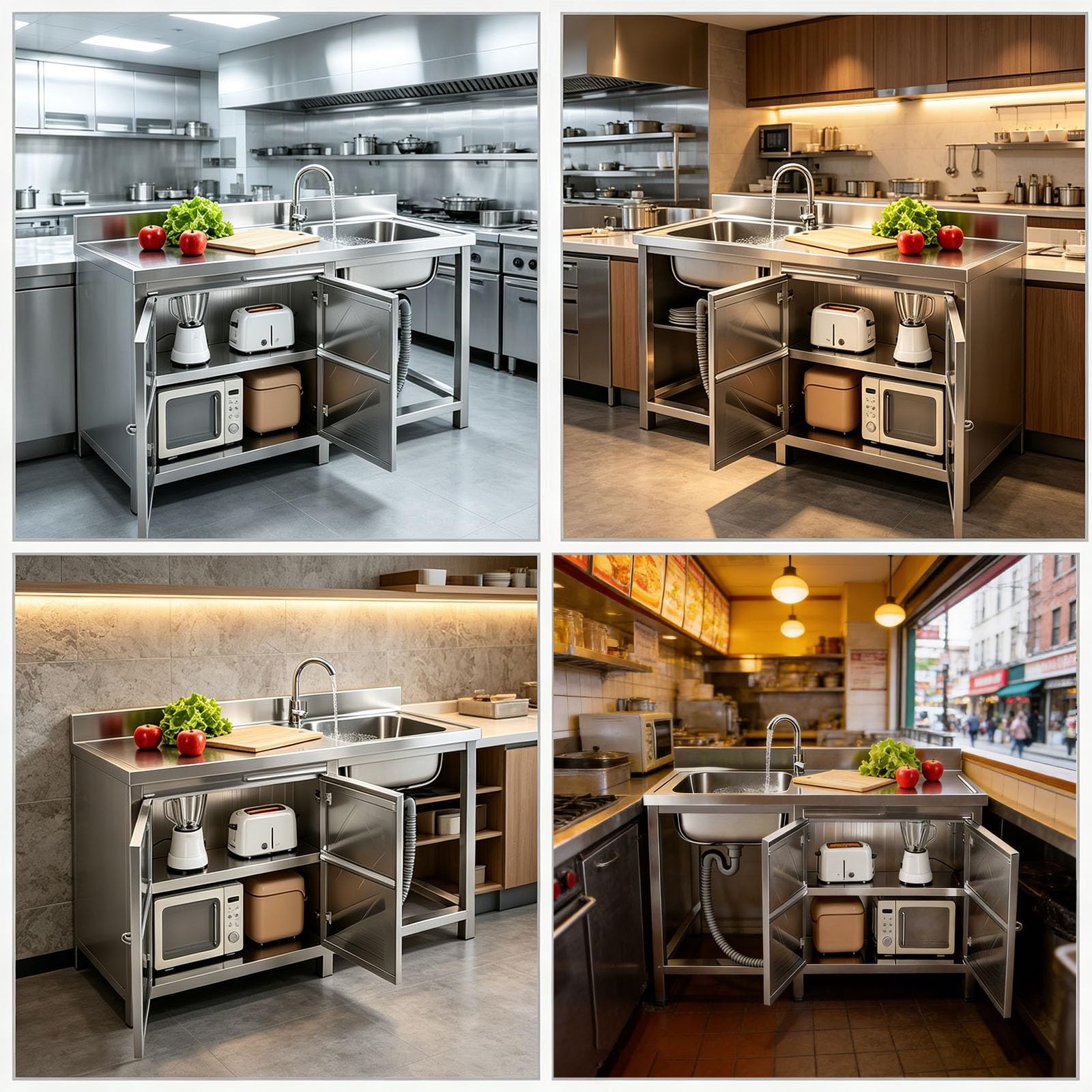 Gabinete de Fregadero de Acero Inoxidable con Encimera, Fregadero de Cocina