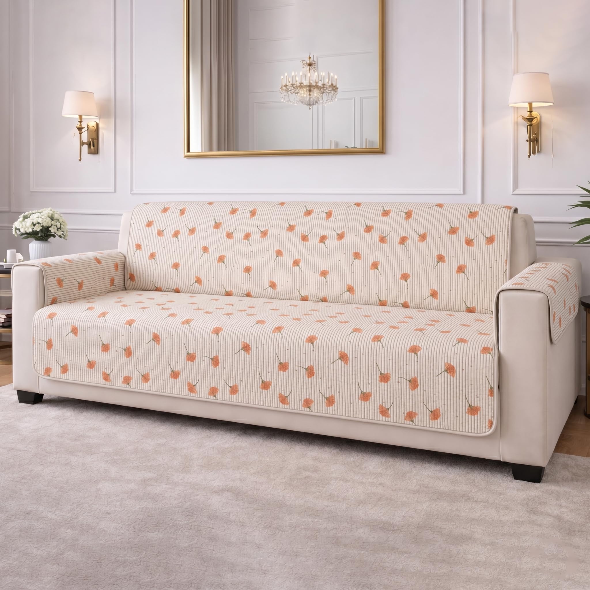STITCHNEST 'CloudFeel Series' Quilted Printed Velvet Sofa Cover for 1 Seater | Premium Soft Velvet Sofa Protector | Floral Design with Armrest Pockets | Furniture Cover