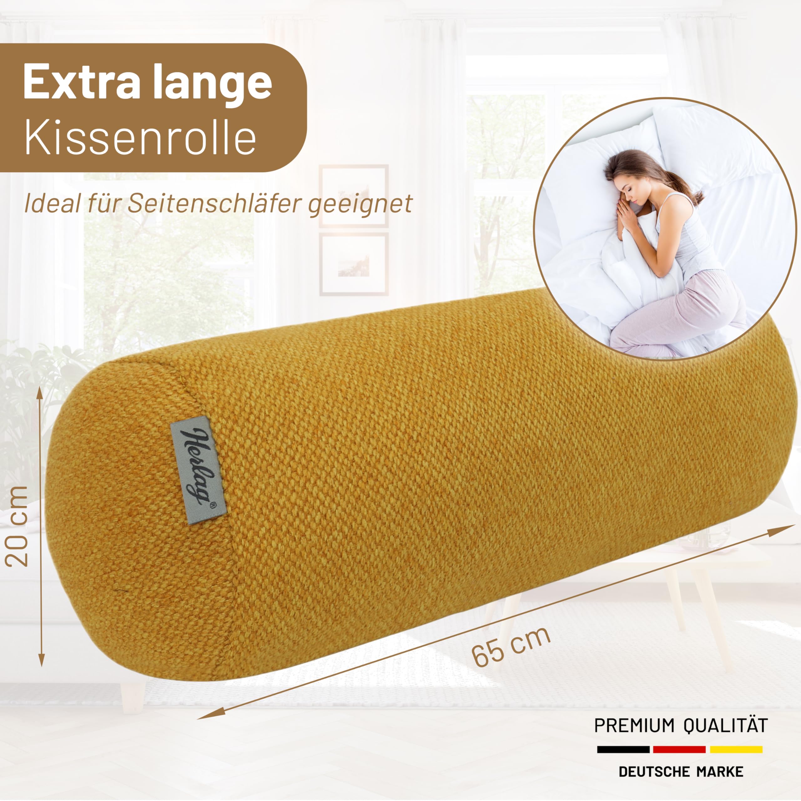 Herlag große Kissenrolle Luxe 65x20cm - Lange Nackenrolle mit Bezug - Wohnliches Seitenschläferkissen - Waschbare Schlafrolle für Erwachsene & Kinder - Eleganter Strukturstoff - Senfgelb -Öko Tex 100