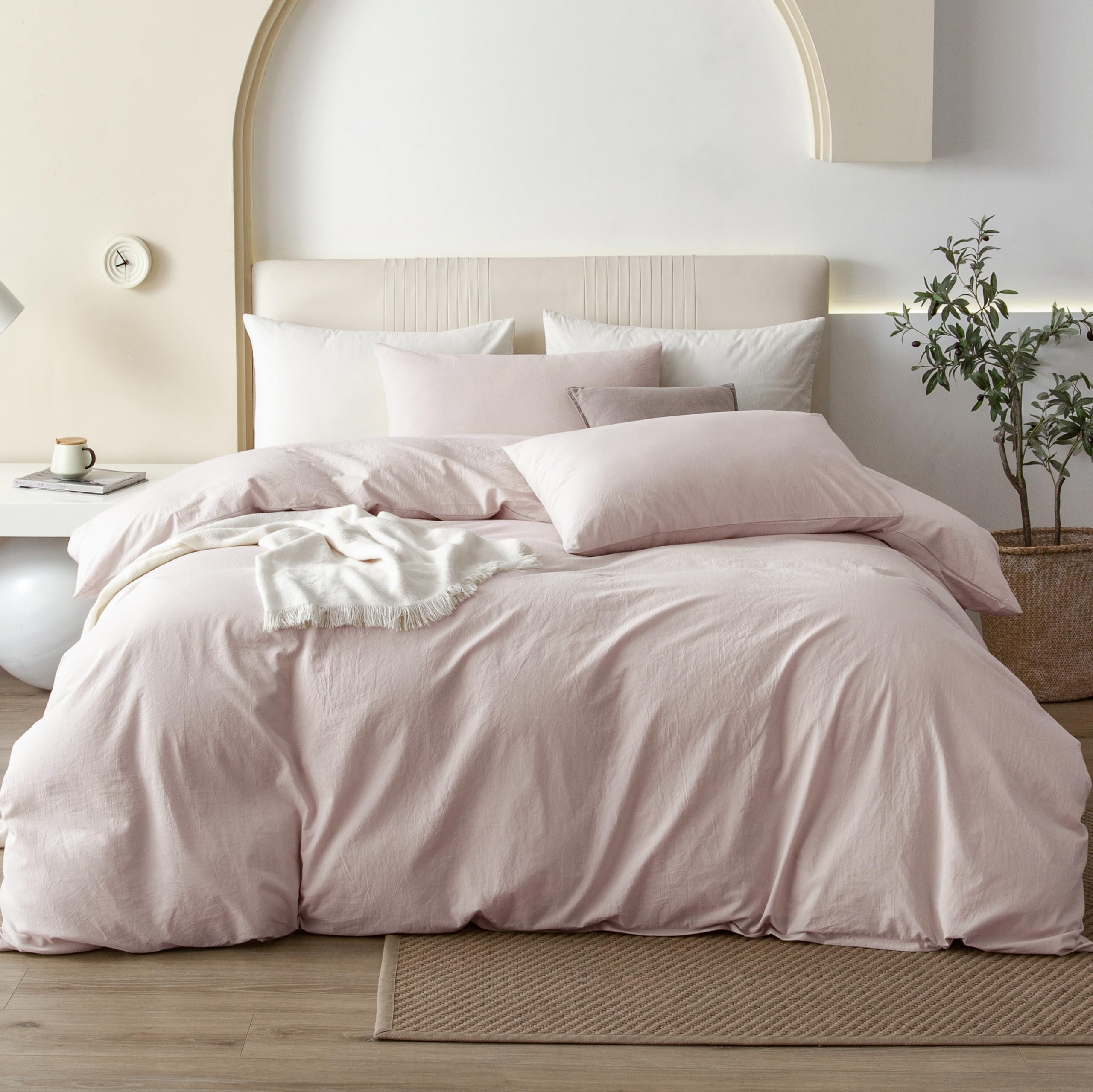 JIYUAN 100% Washed Cotton Duvet Cover Set 3 Pieces Full, 1 Duvet Cover 80x90 Inches (Comforter Not Included) and 2 Pillowcases,Linen Feel Bedding Set Comfy and Breathable, Heathered Greyish Pink