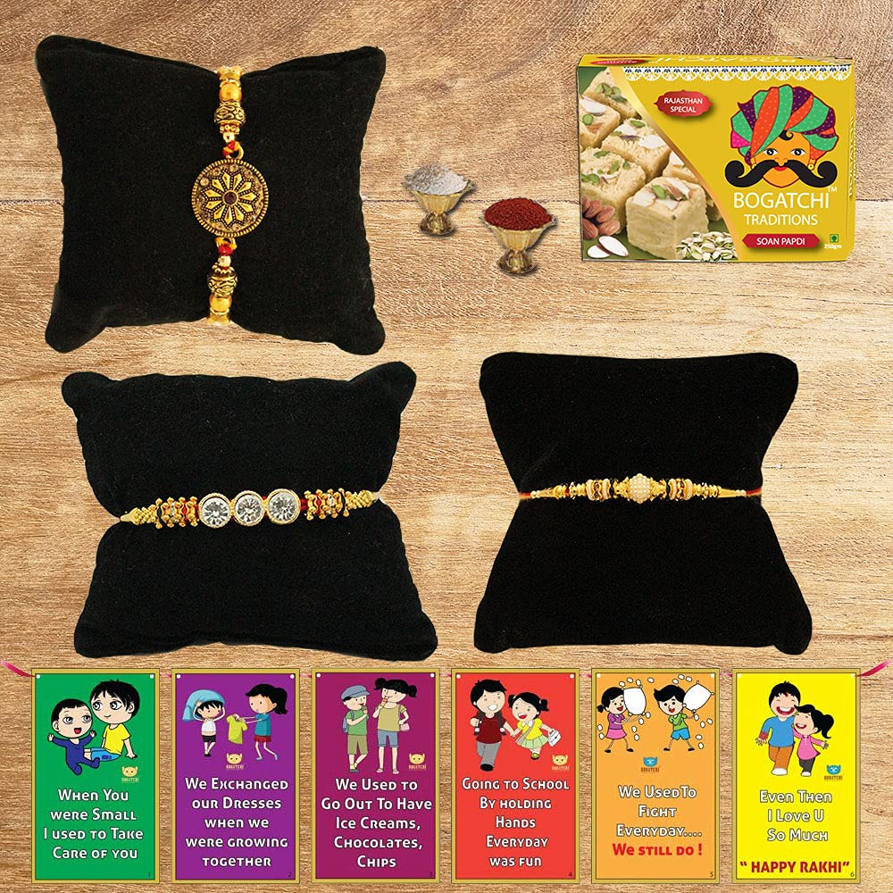 BOGATCHI Rakhi with Sweets Combo | Rakhi Gift for Brother | Rakhi for brother with gift sweets | Rakhi Gift Hamper|Soan Papdi, 200g + Rakhi Set of 3 +Roli Chawal + Free Rakhi Story Card-SP07 (B09B12Q9VM) Amazon Price History, Amazon Price Tracker