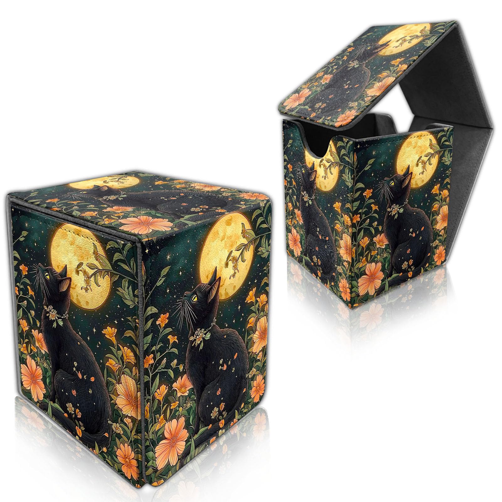 DISUOFEART for MTG Deck Box, Trading Card Storage Case Holds 100+ Sleeved Cards, Black Cat​Flower Moon Magnetic Closure Durable Deck Holder for Magic The Gathering, TCG & Commander