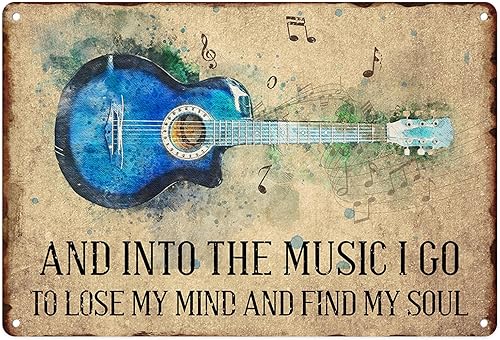 Sanwarm Letrero de metal de 8 x 12 pulgadas, colorido azul con guitarra vintage, decoración de pared para el hogar, sala de estar, cocina, jardín,