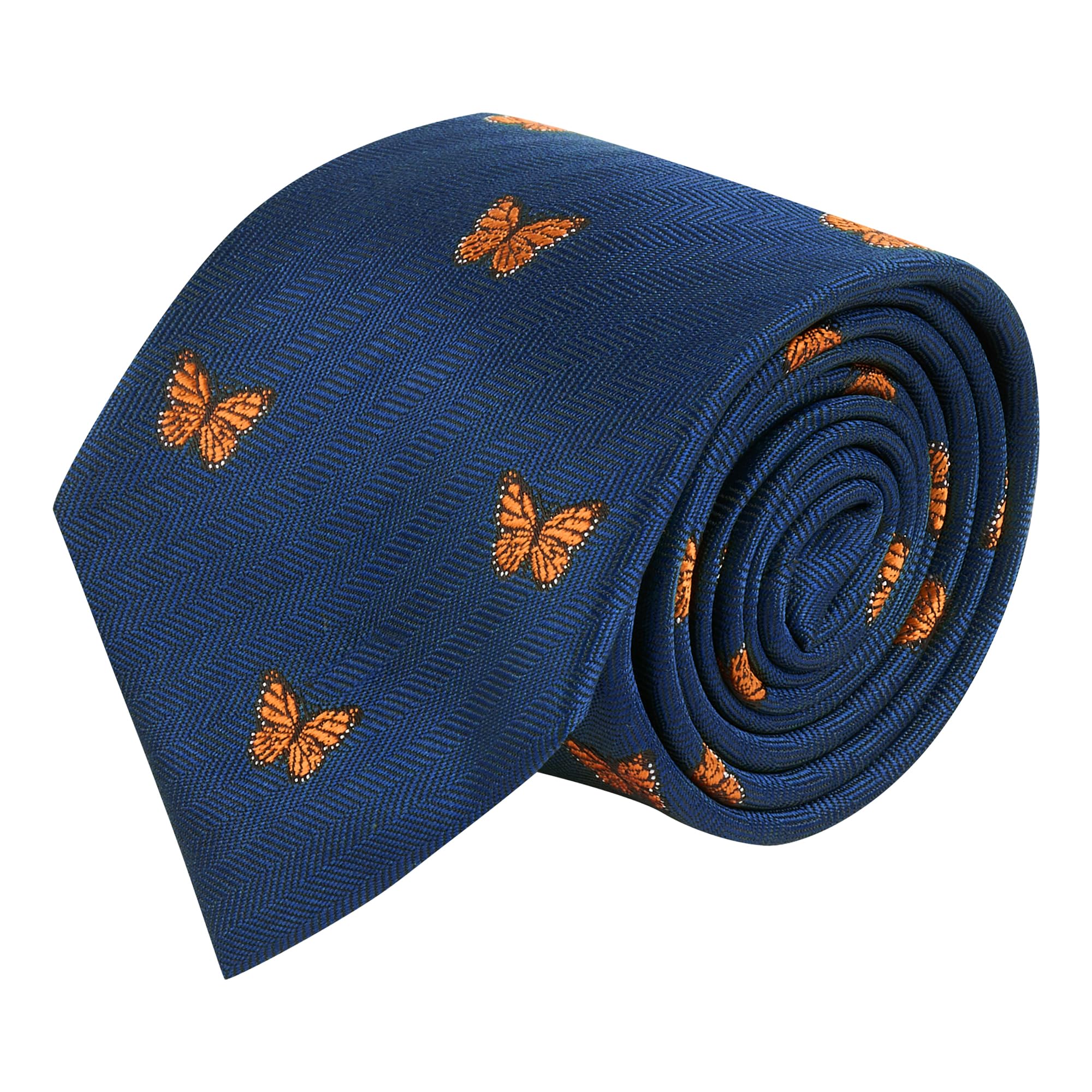 King & Priory Butterfly Navy Blue Herringbone Embroidered Tie