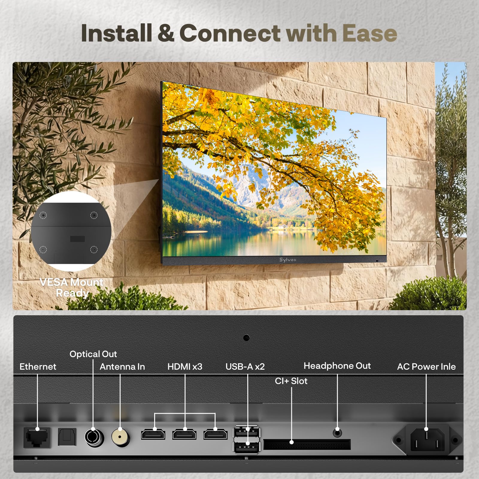 SYLVOX TV Exterior 43 Pulgadas, 4K UHD HDR, 1000 Nits, Sin Marcos Google TV, Dolby Atmos, DVB-C/T2/S2, HEVC, Smart TV IP56 Resistente al Agua para Jardín, Terraza & Piscina (framless)
