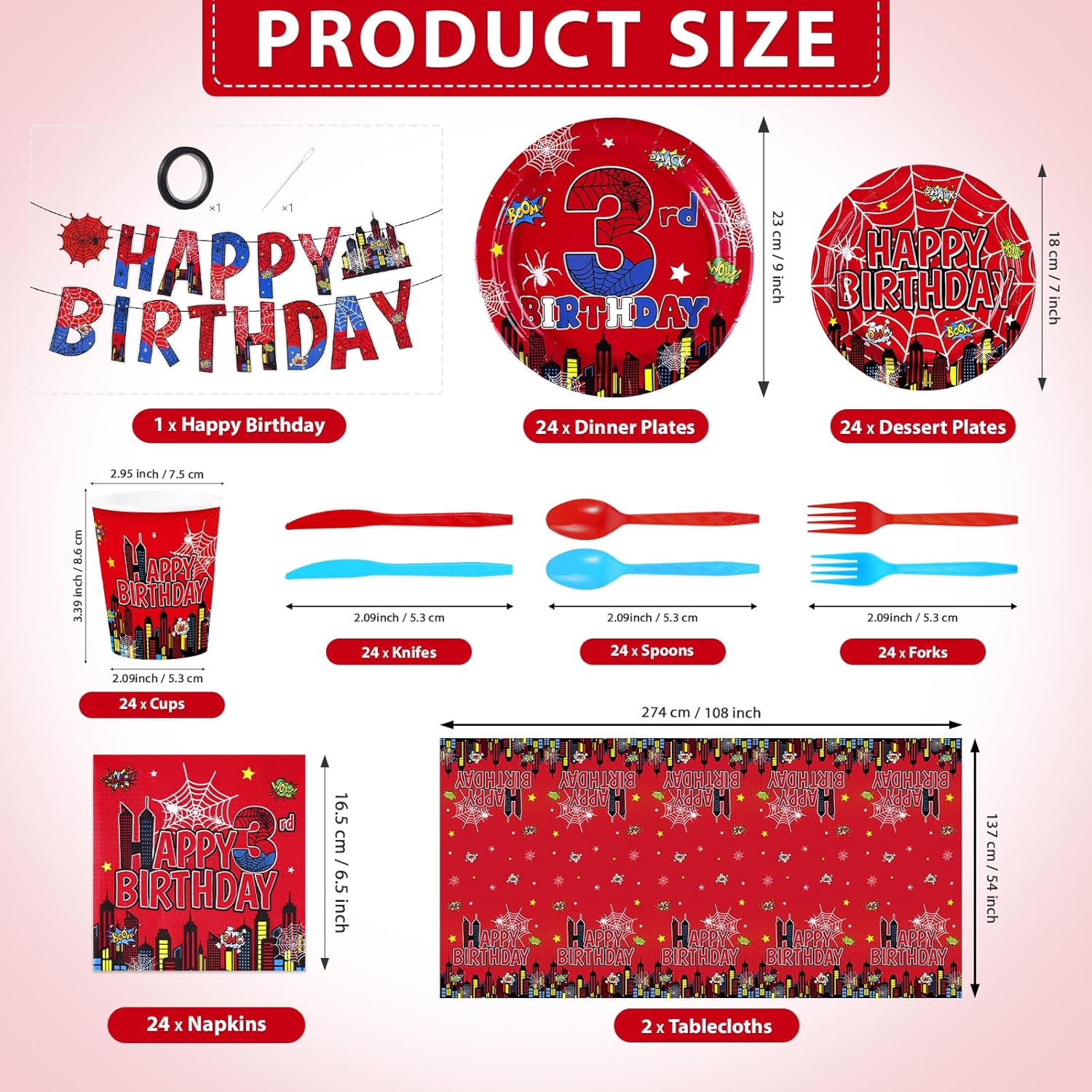 171Pcs Spider 3rd Birthday Party Decorations Super Theme Hero 3rd Birthday Tableware Serves 24 Includes Plates Napkins Cups Tablecloth Banner Forks Spoons Knives for Kids 3 Year Old Party Supplies