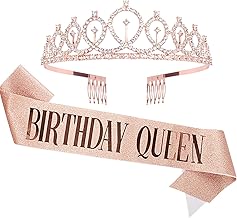 CAVETEE Birthday Crown and Sash Set - Queen Rhinestone Tiara, Glitter Decorations for Women - Rose Gold