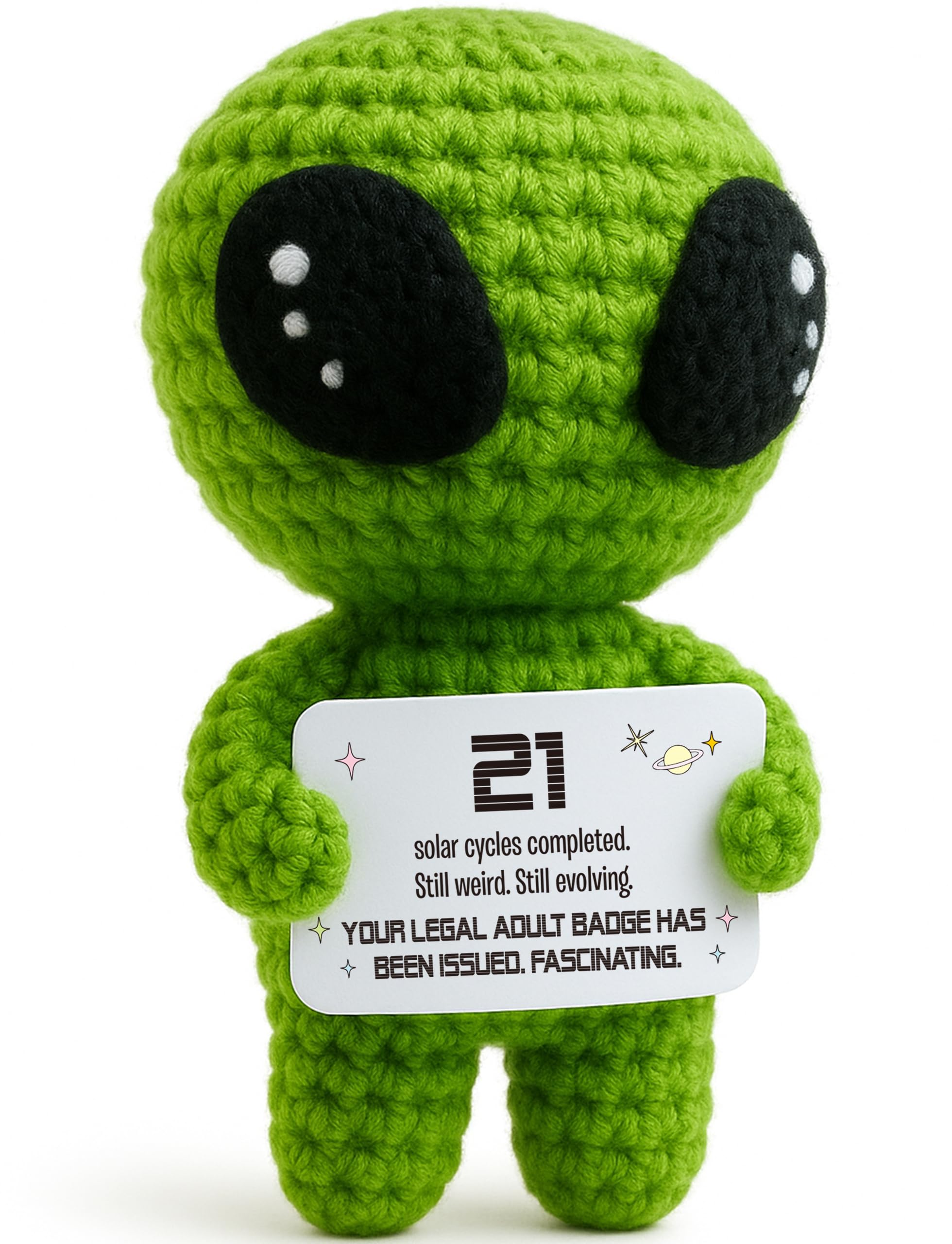 21st Birthday Gifts – Handmade Crochet Alien Plush with Funny Legal Adult Birthday Message Card – Cute 21 Years Old Celebration Gift for Him or Her, Bday Milestone Keepsake
