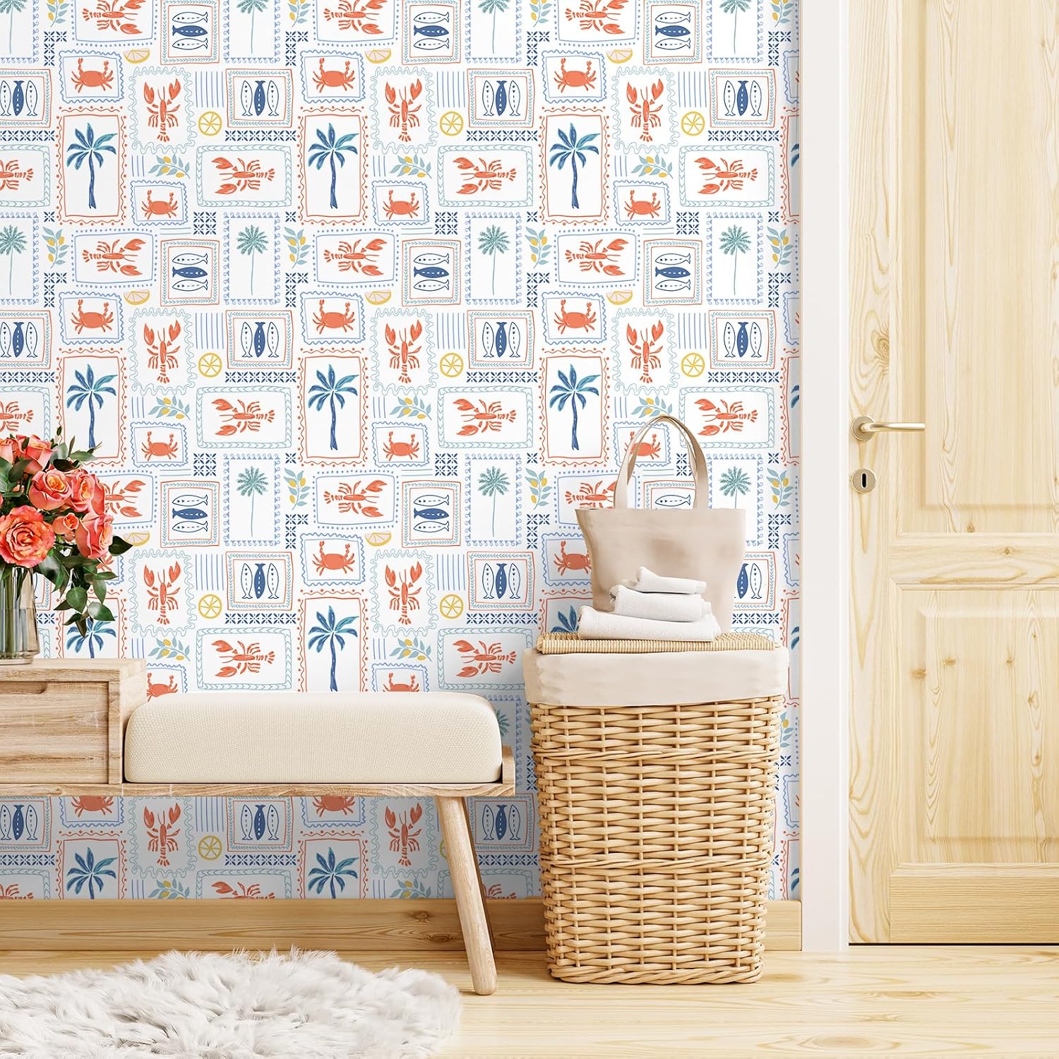 Lobster Crab Fish Wallpaper Peel and Stick Coastal Summer Vacation Wallpaper for Kitchen Hand Drawn Palm Tree Geometric Frame Contact Paper for Cabinet Aquatic Animal Wall Paper 17.7"x157"