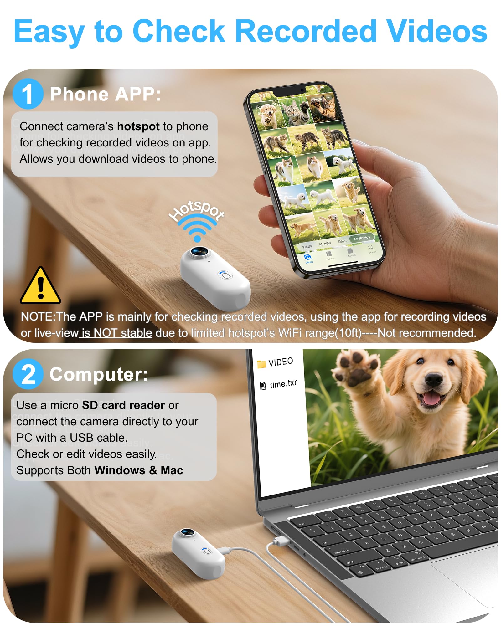 Collier pour caméra pour chat avec application pour téléphone, enregistrement vidéo HD 1080p, caméra POV pour chiens et grands chats, collier sans fil avec visualisation de l'application (collier XS)